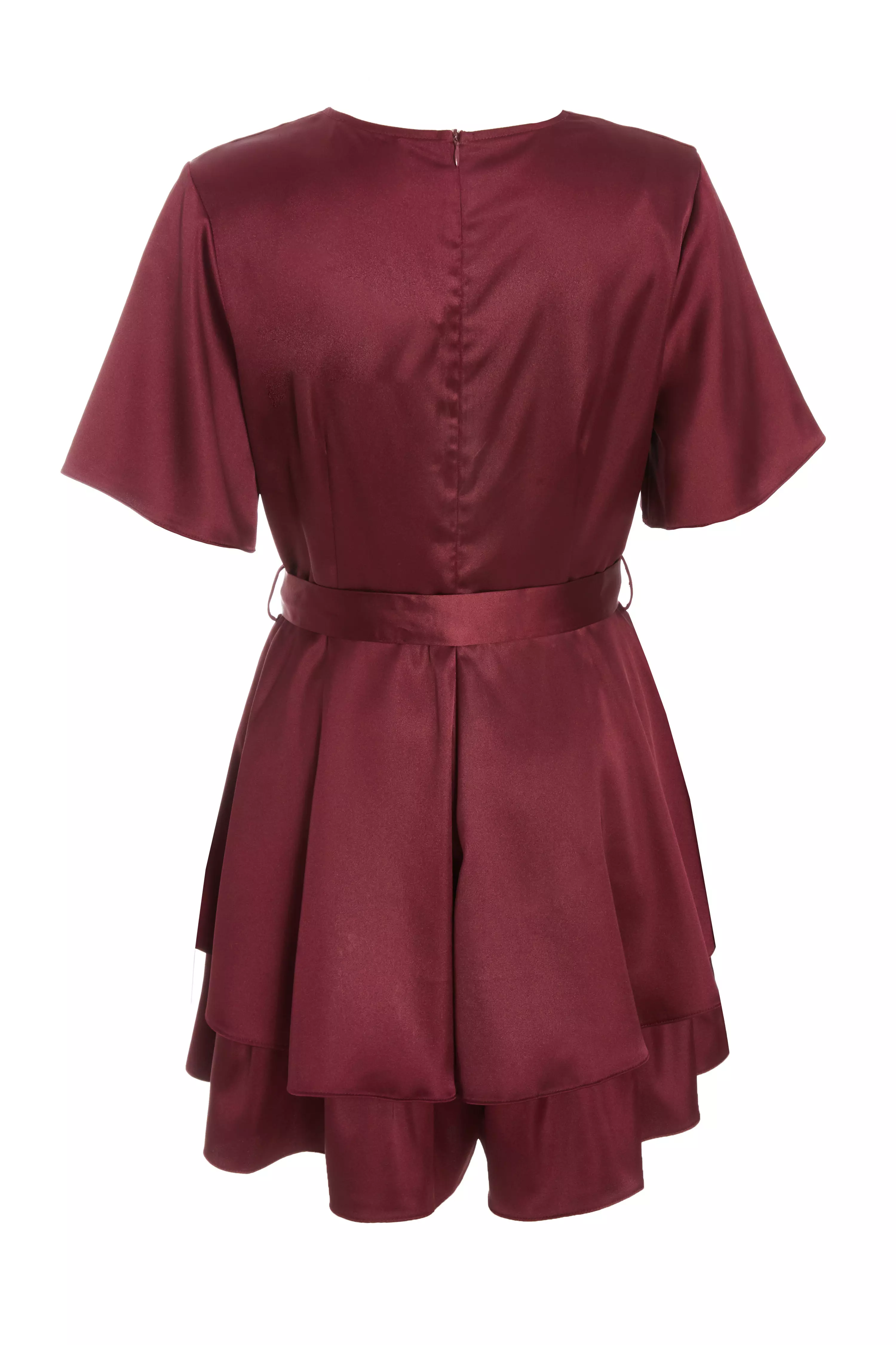 Dark Red Satin Wrap Tiered Playsuit