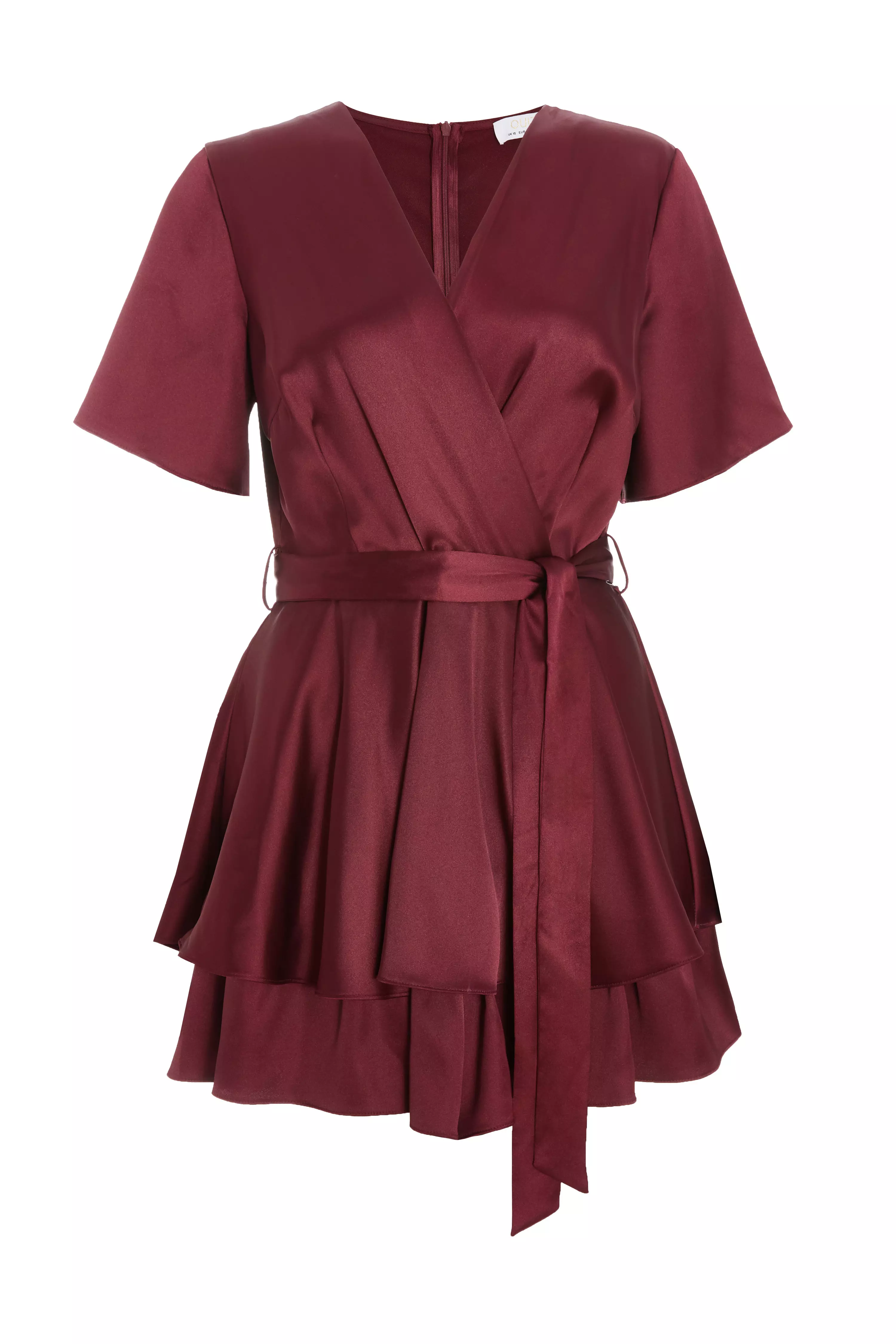 Dark Red Satin Wrap Tiered Playsuit