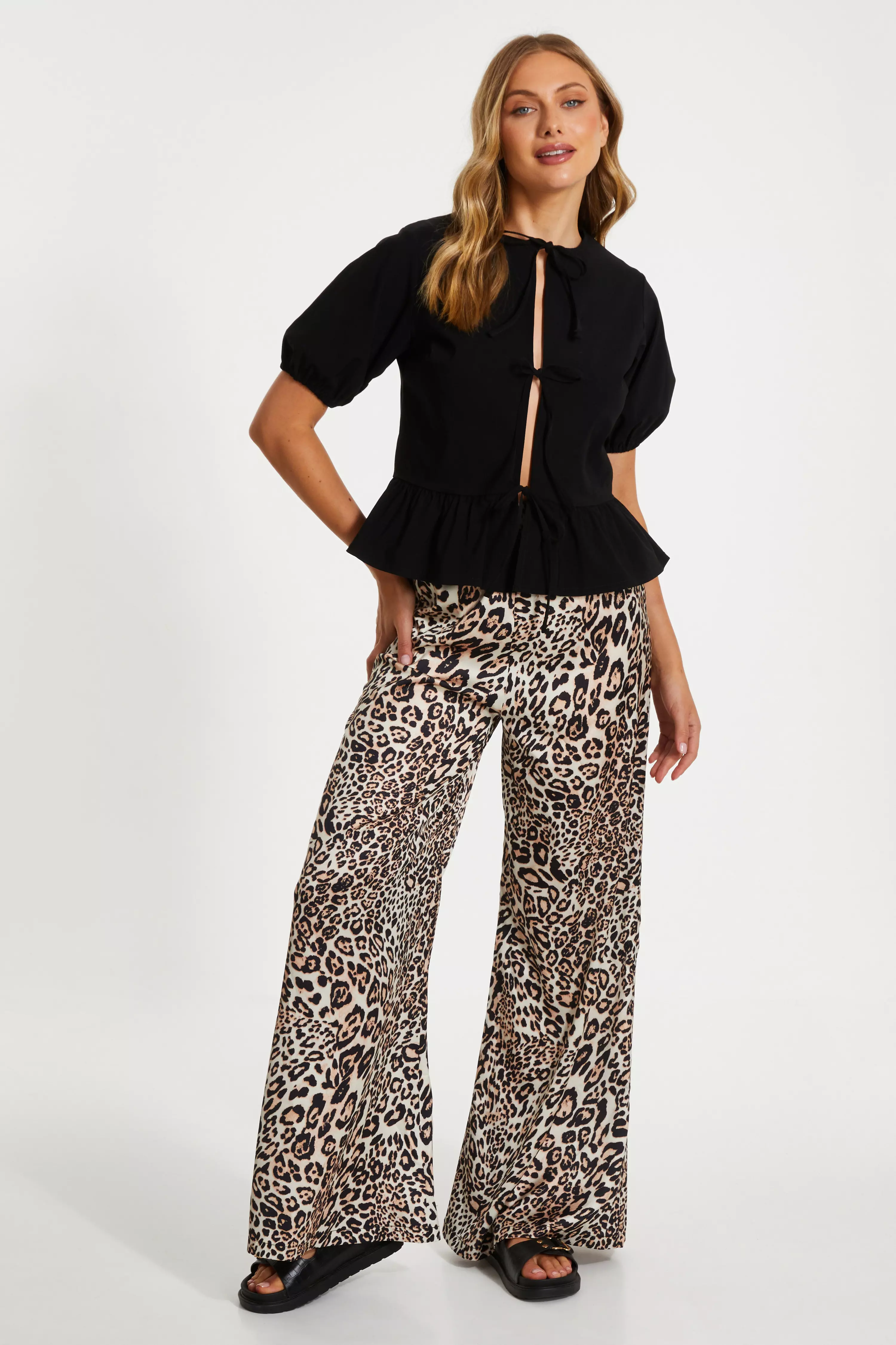 Stone Leopard Print Woven Trousers