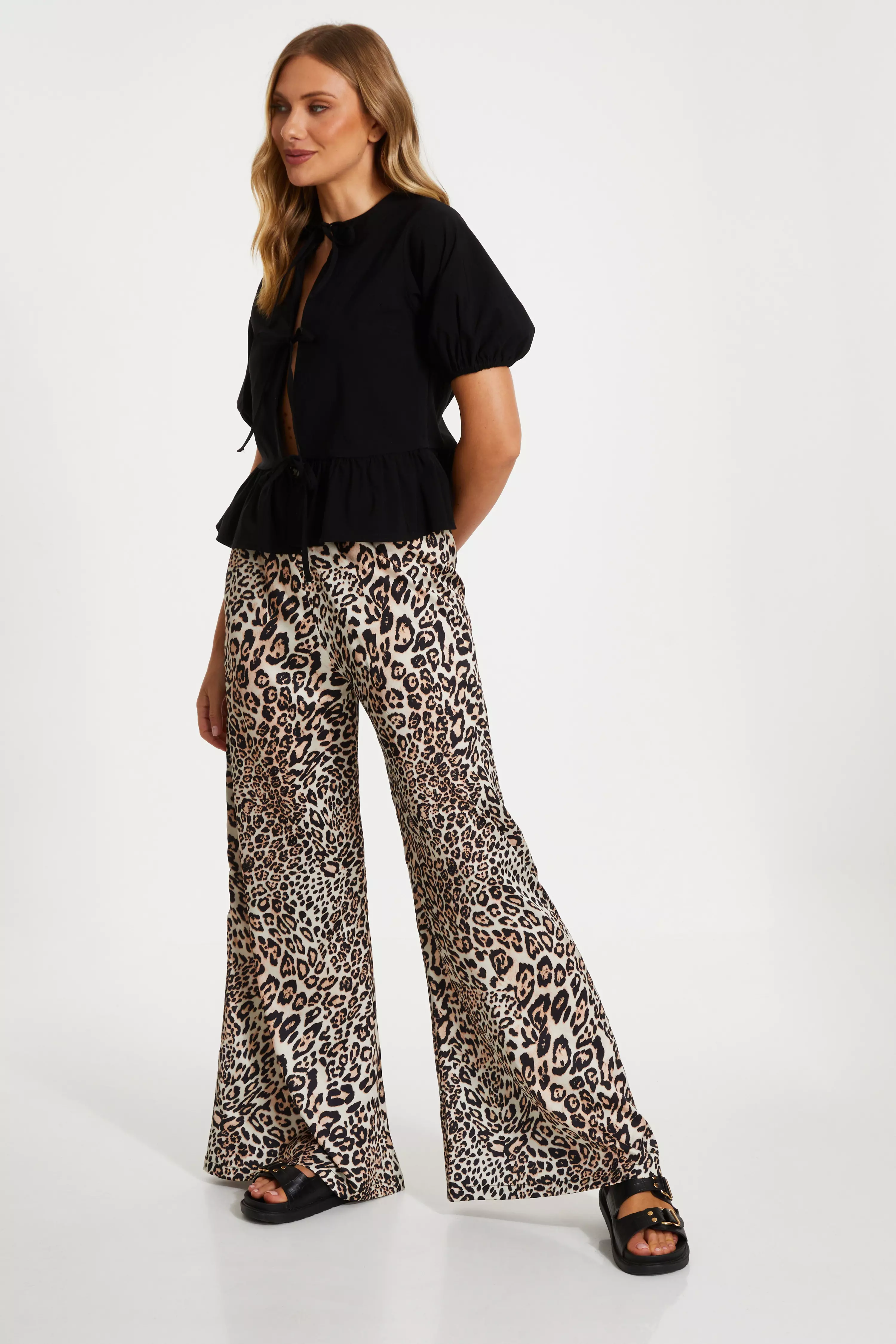 Stone Leopard Print Woven Trousers