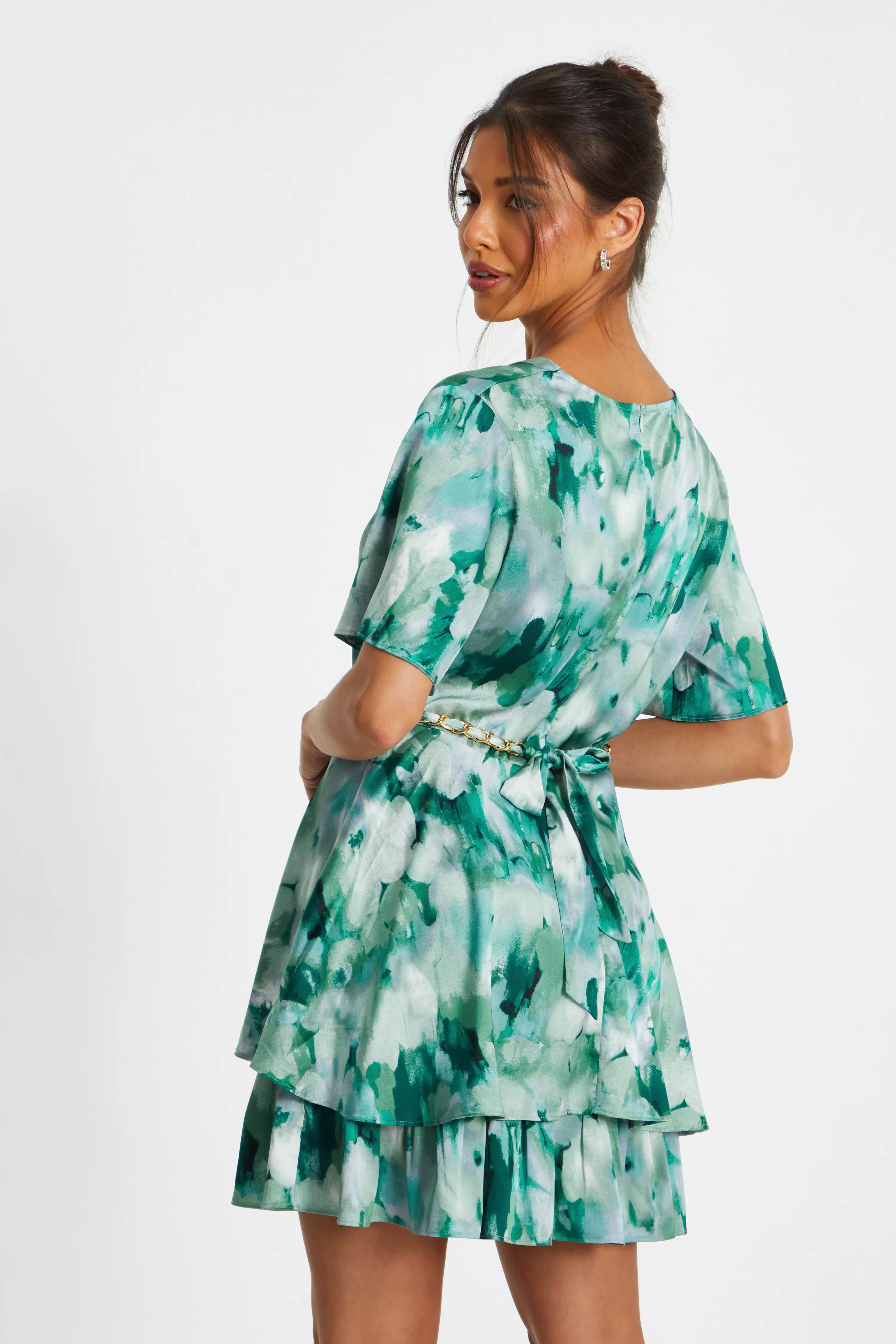 Green Marble Print Tiered Skater Dress