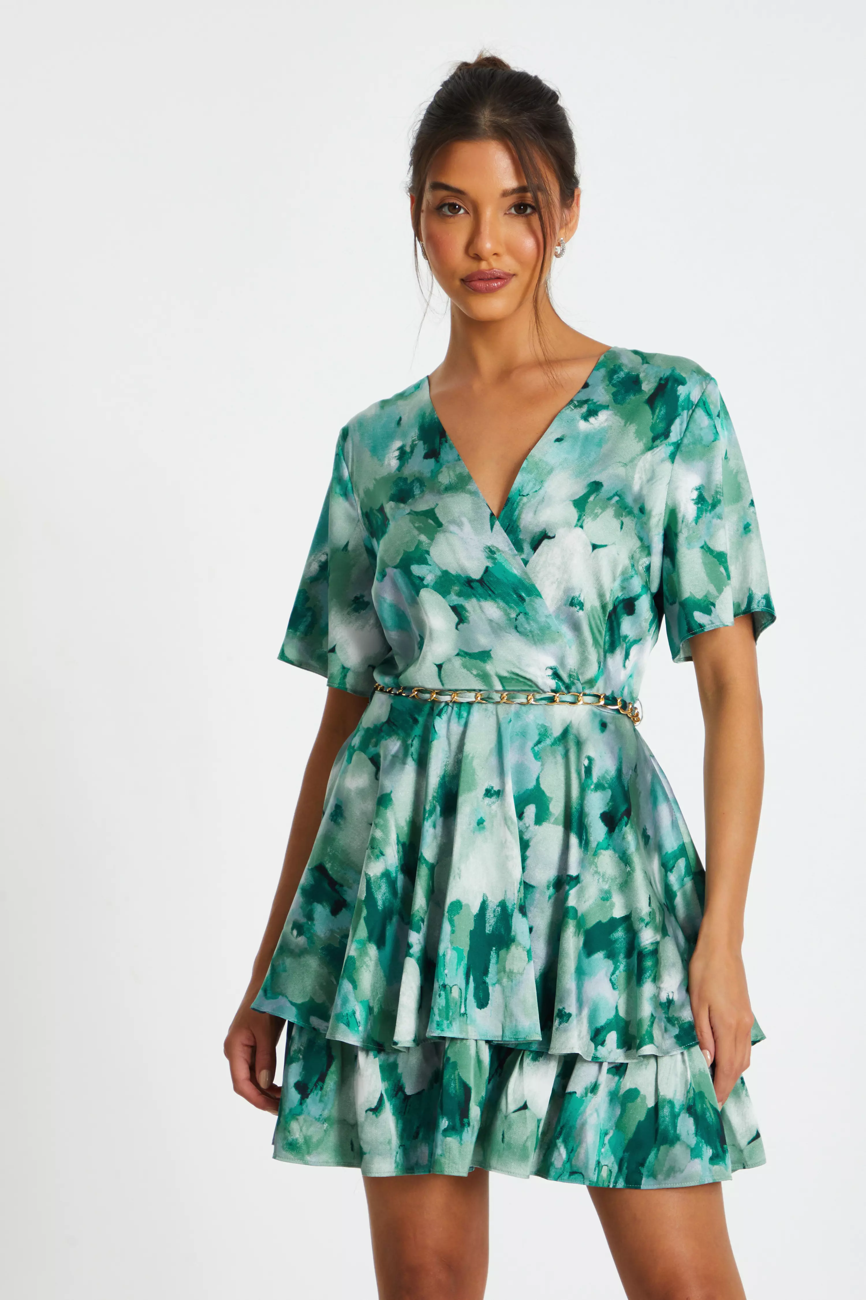 Green Marble Print Tiered Skater Dress