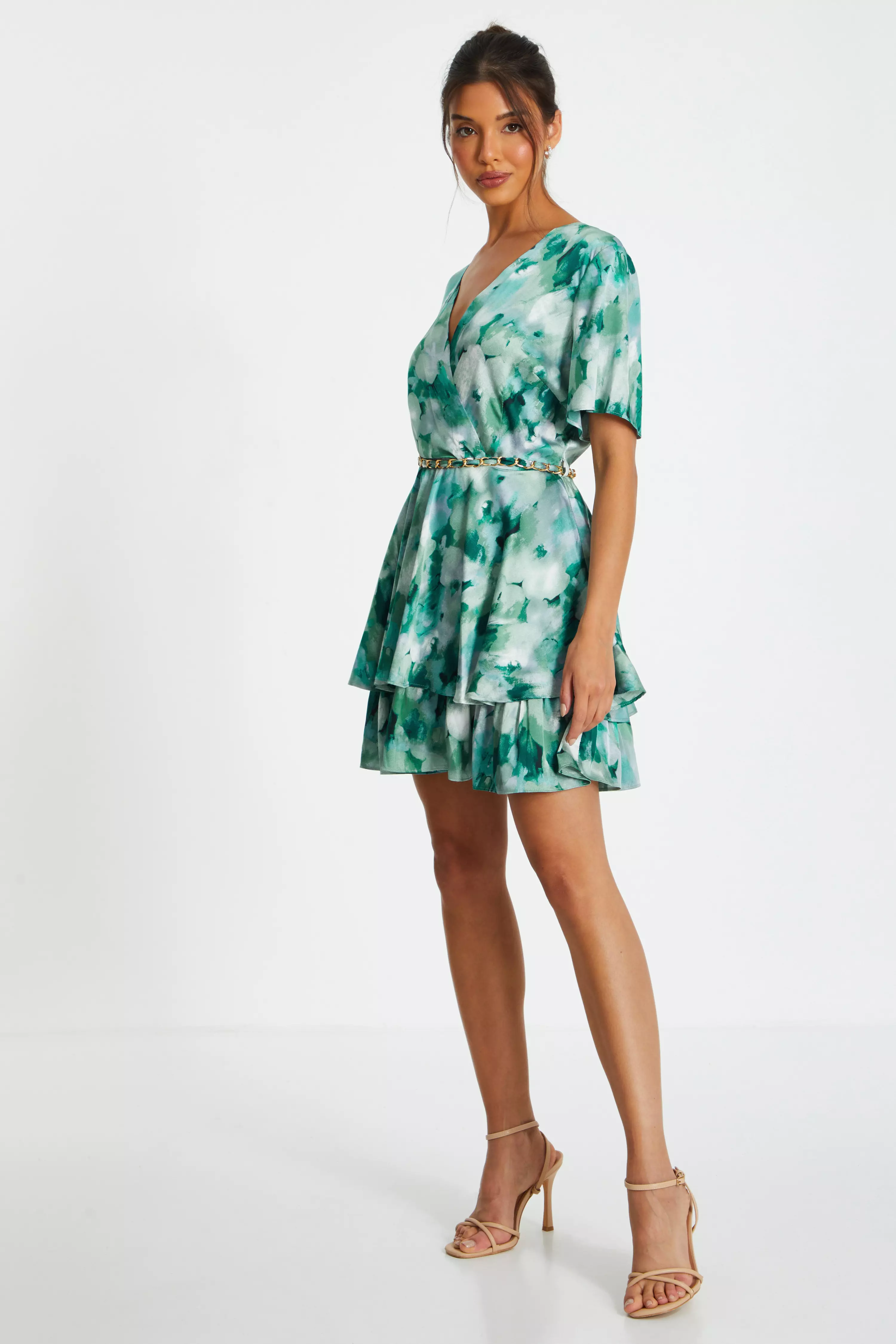 Green Marble Print Tiered Skater Dress