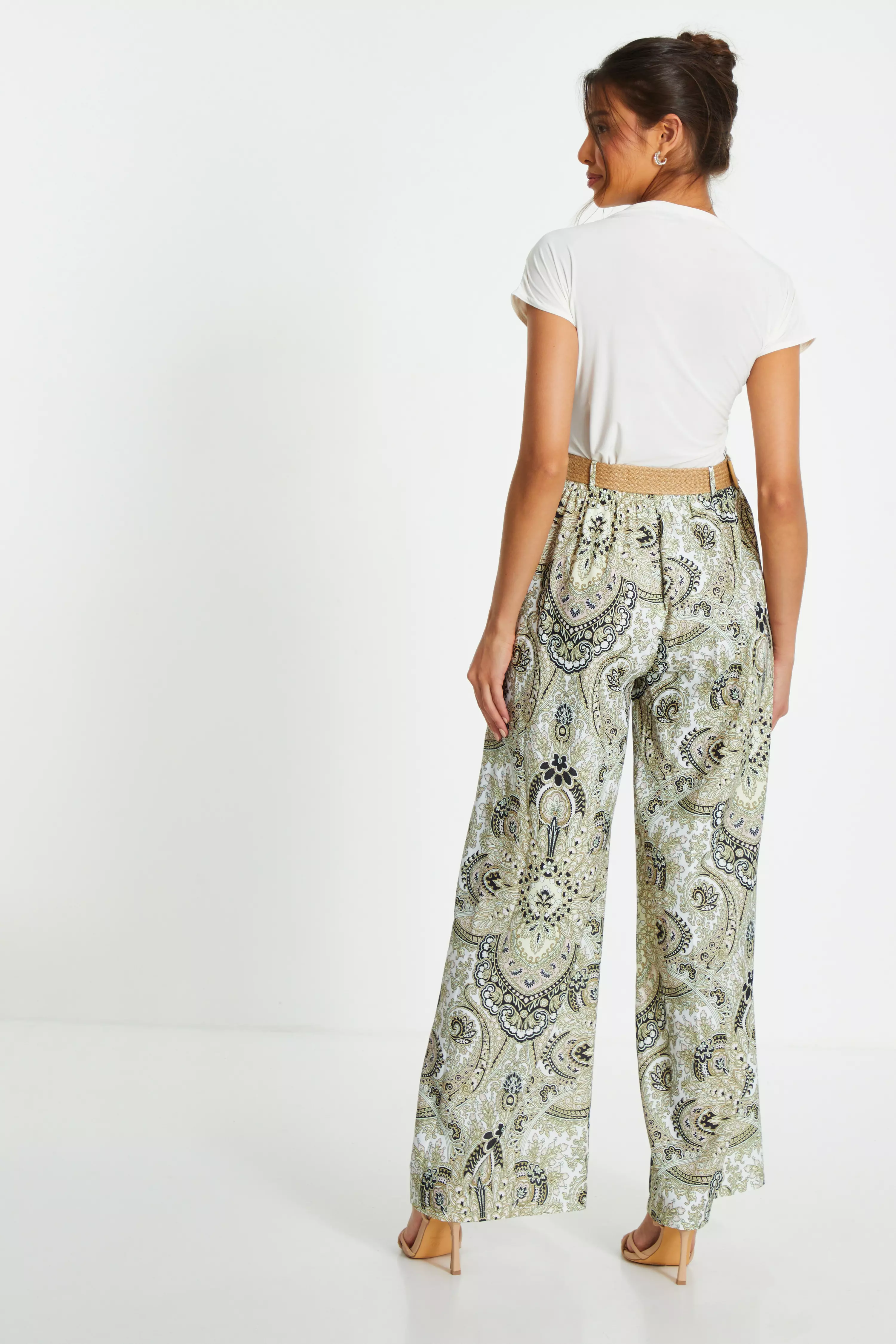 Paisley Print Belted Wide Leg Trousers