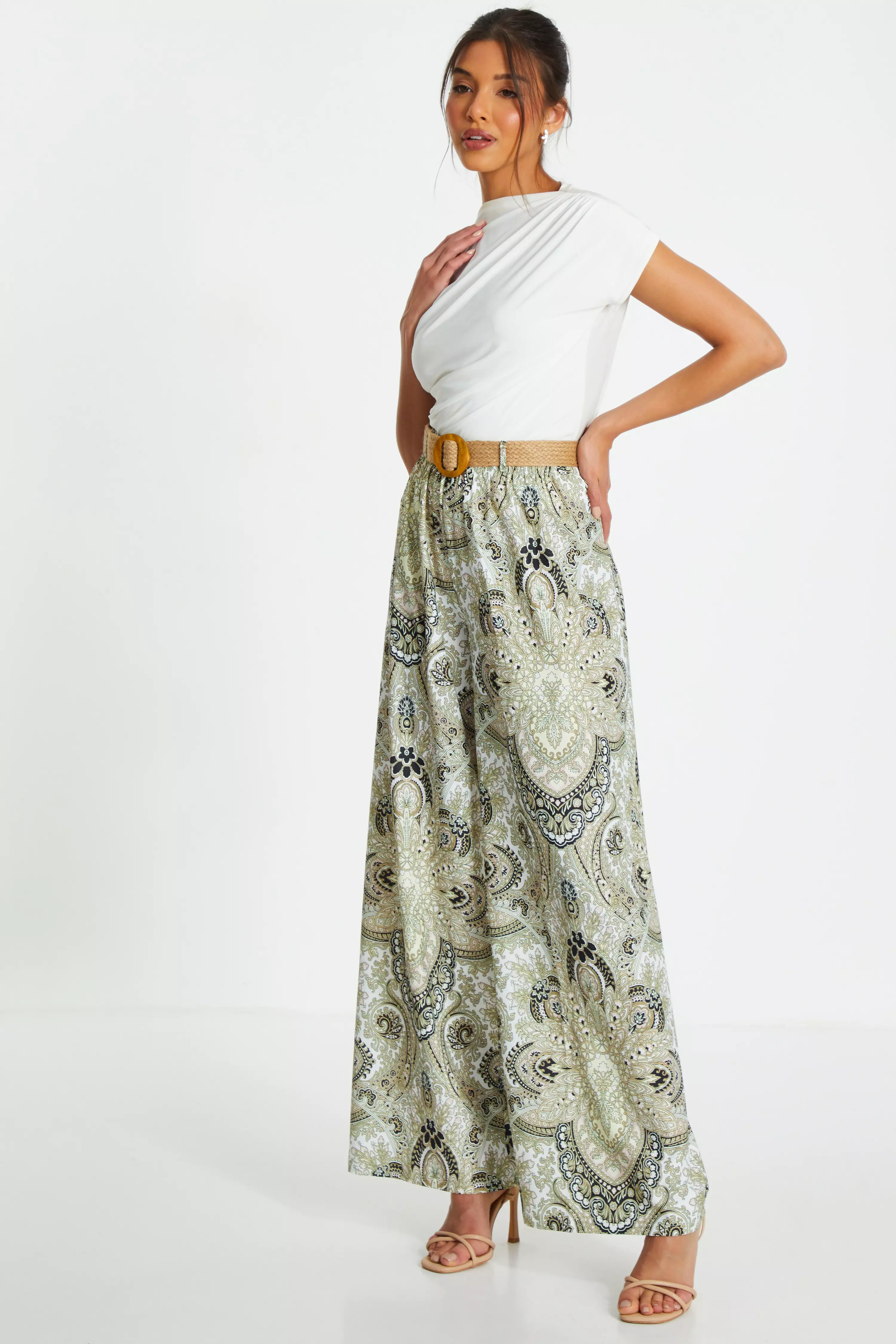 Paisley Print Belted Wide Leg Trousers