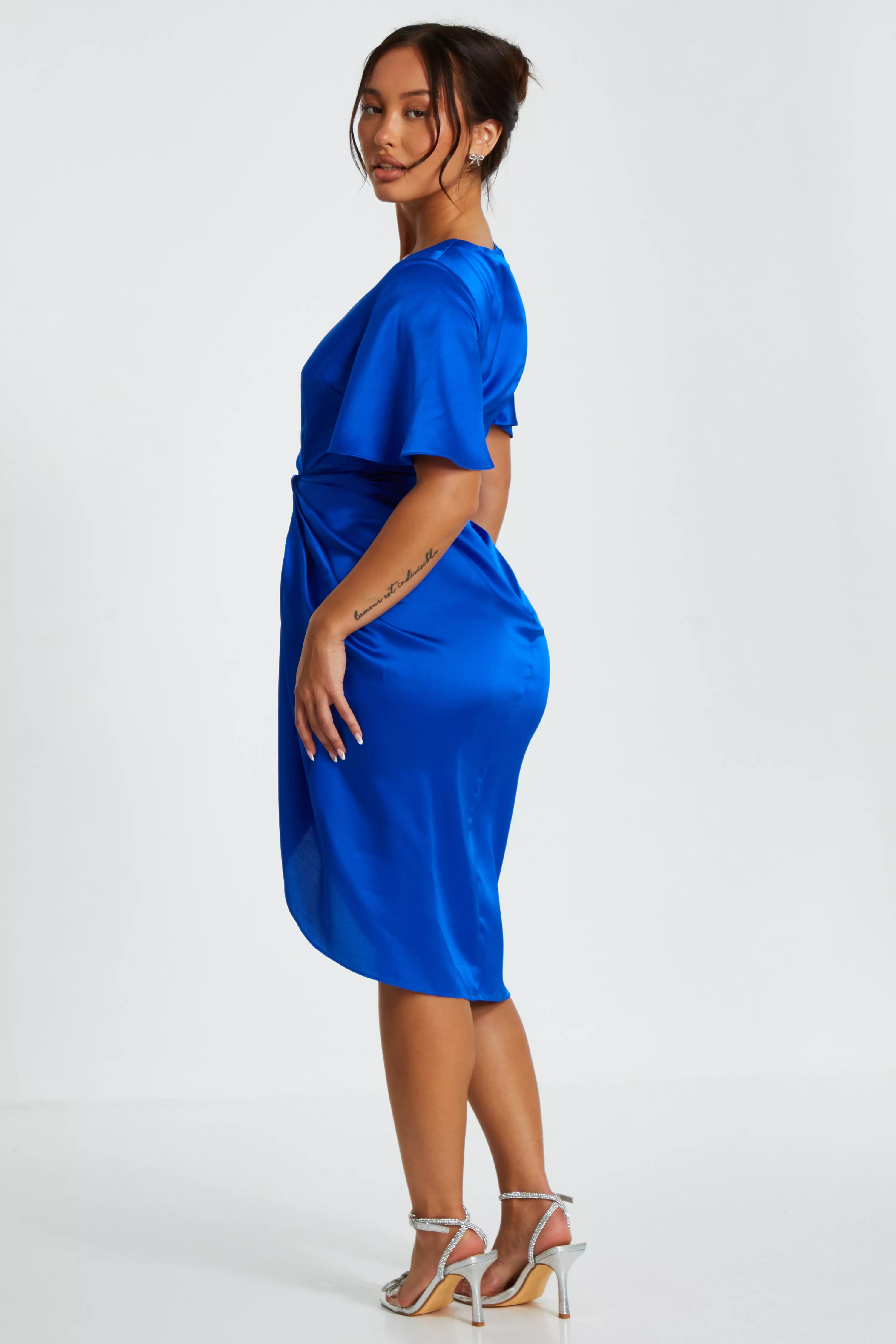 Petite Blue Satin Ruched Wrap Midi Dress