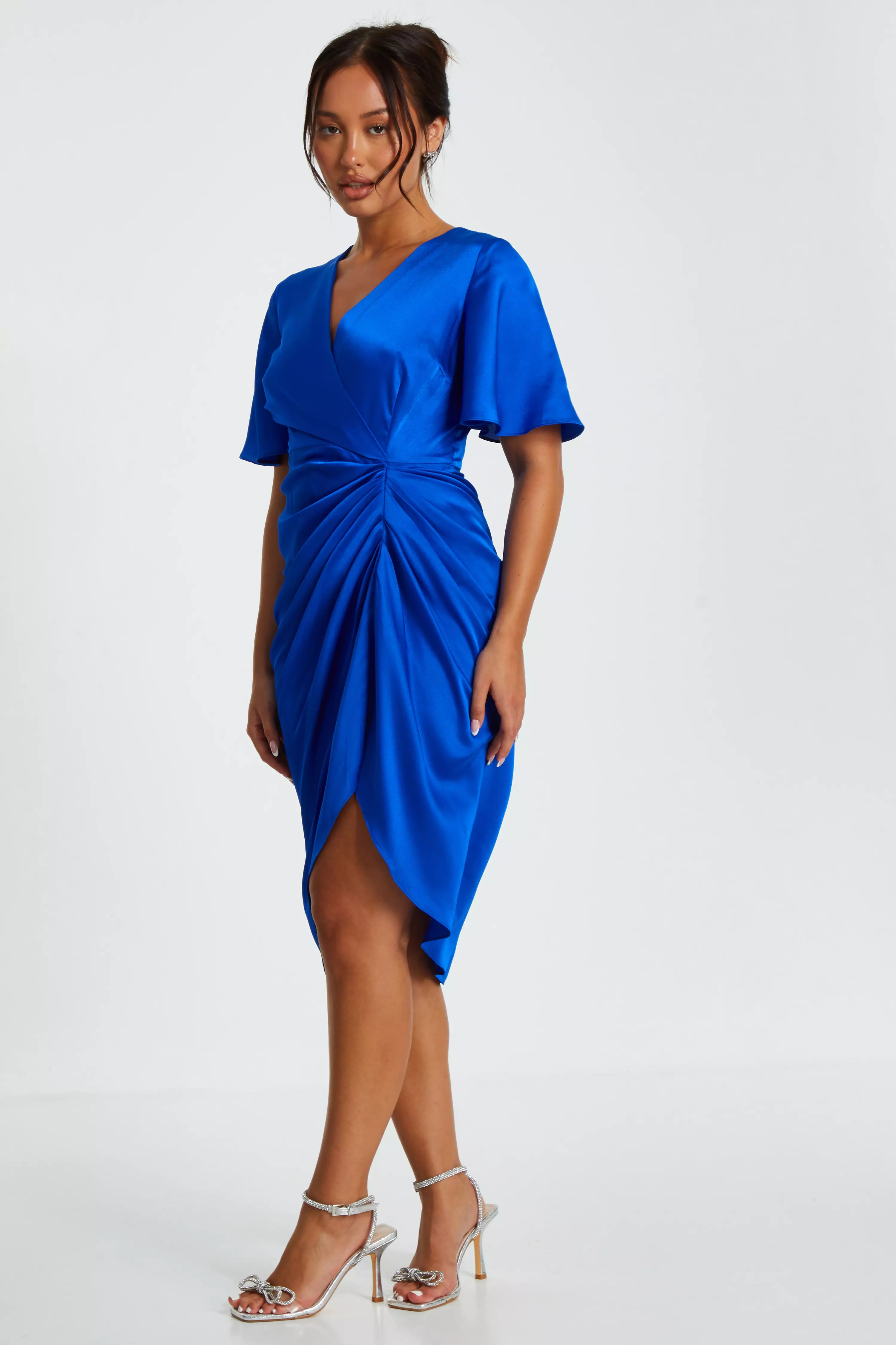 Petite Blue Satin Ruched Wrap Midi Dress