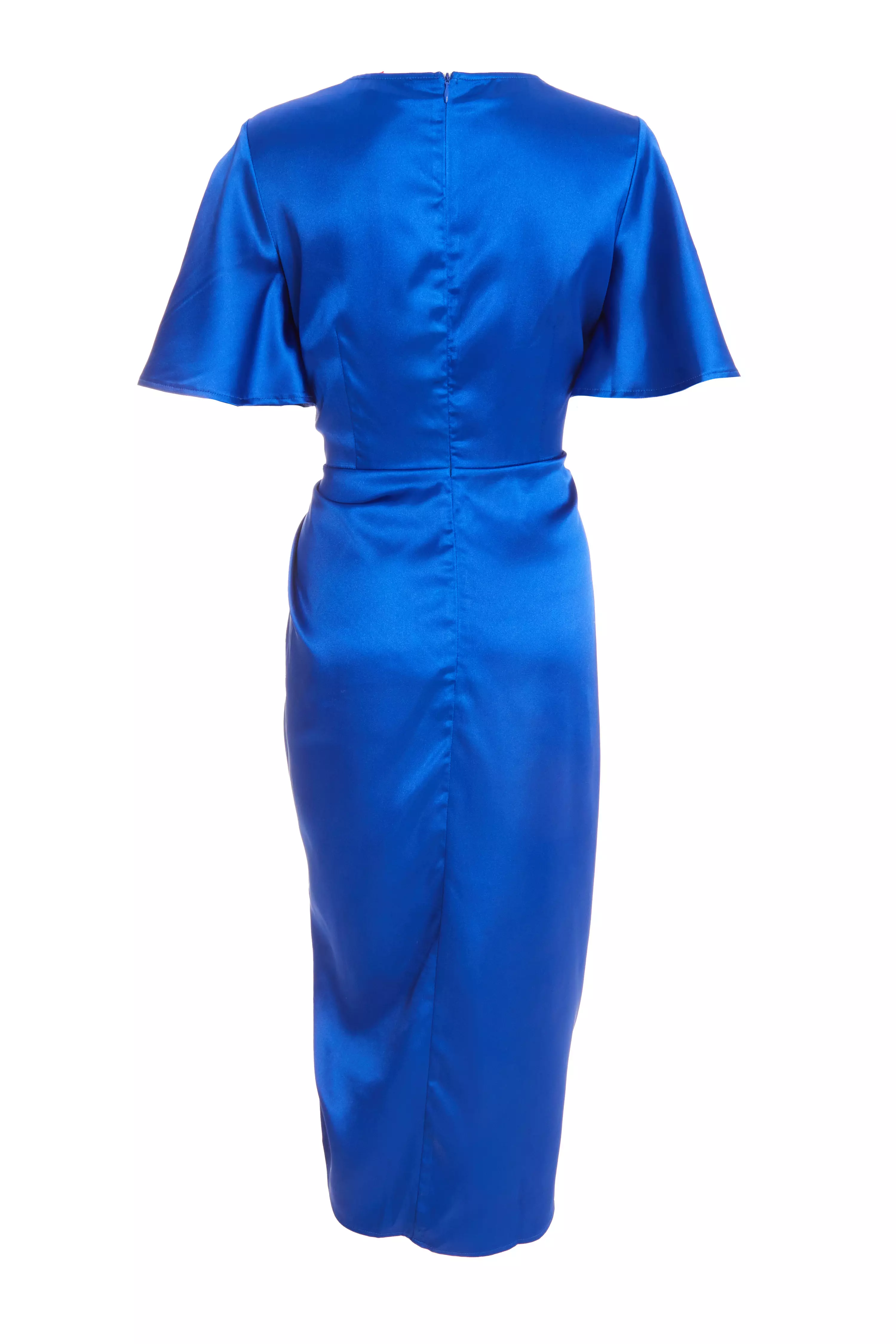 Petite Blue Satin Ruched Wrap Midi Dress