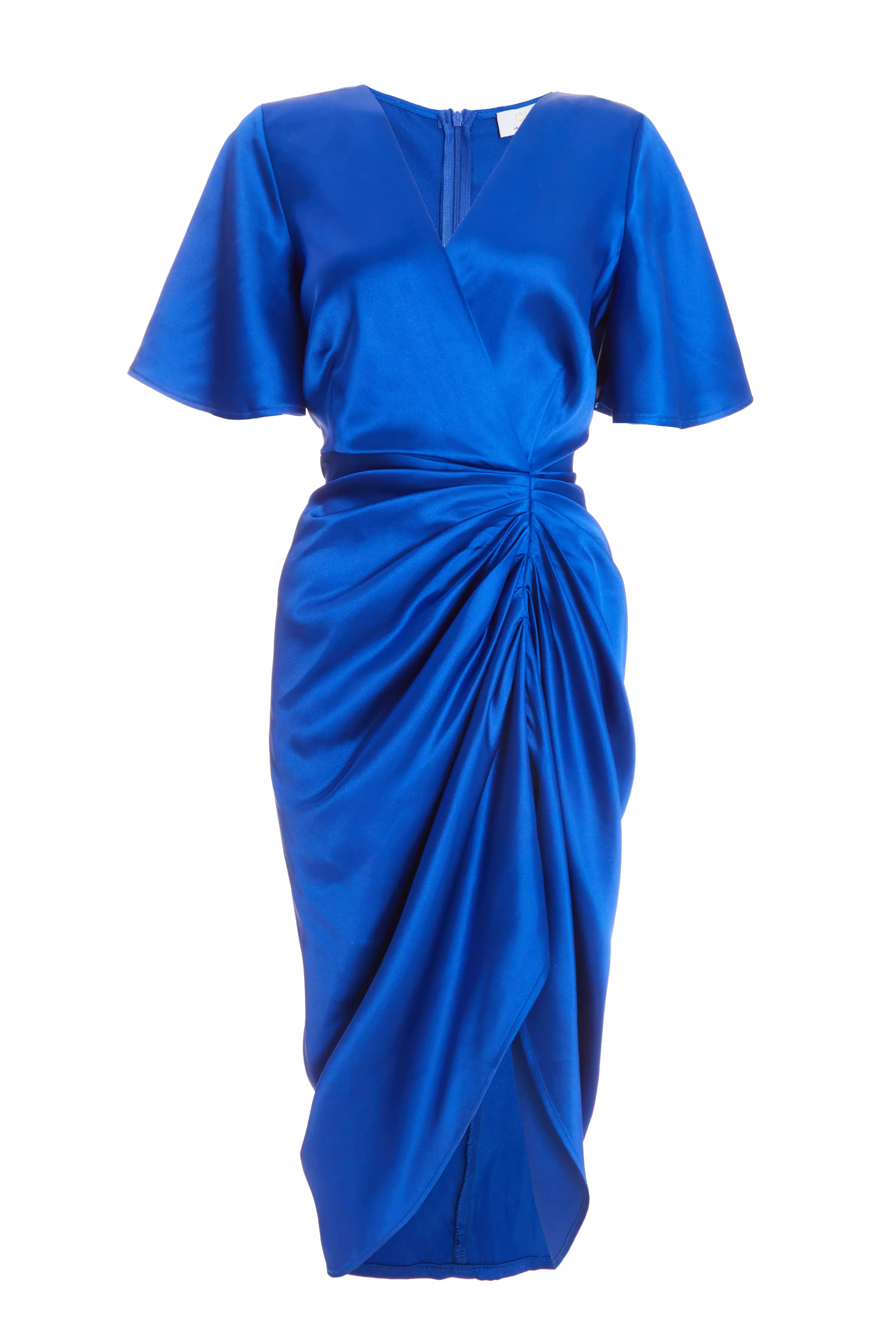 Petite Blue Satin Ruched Wrap Midi Dress