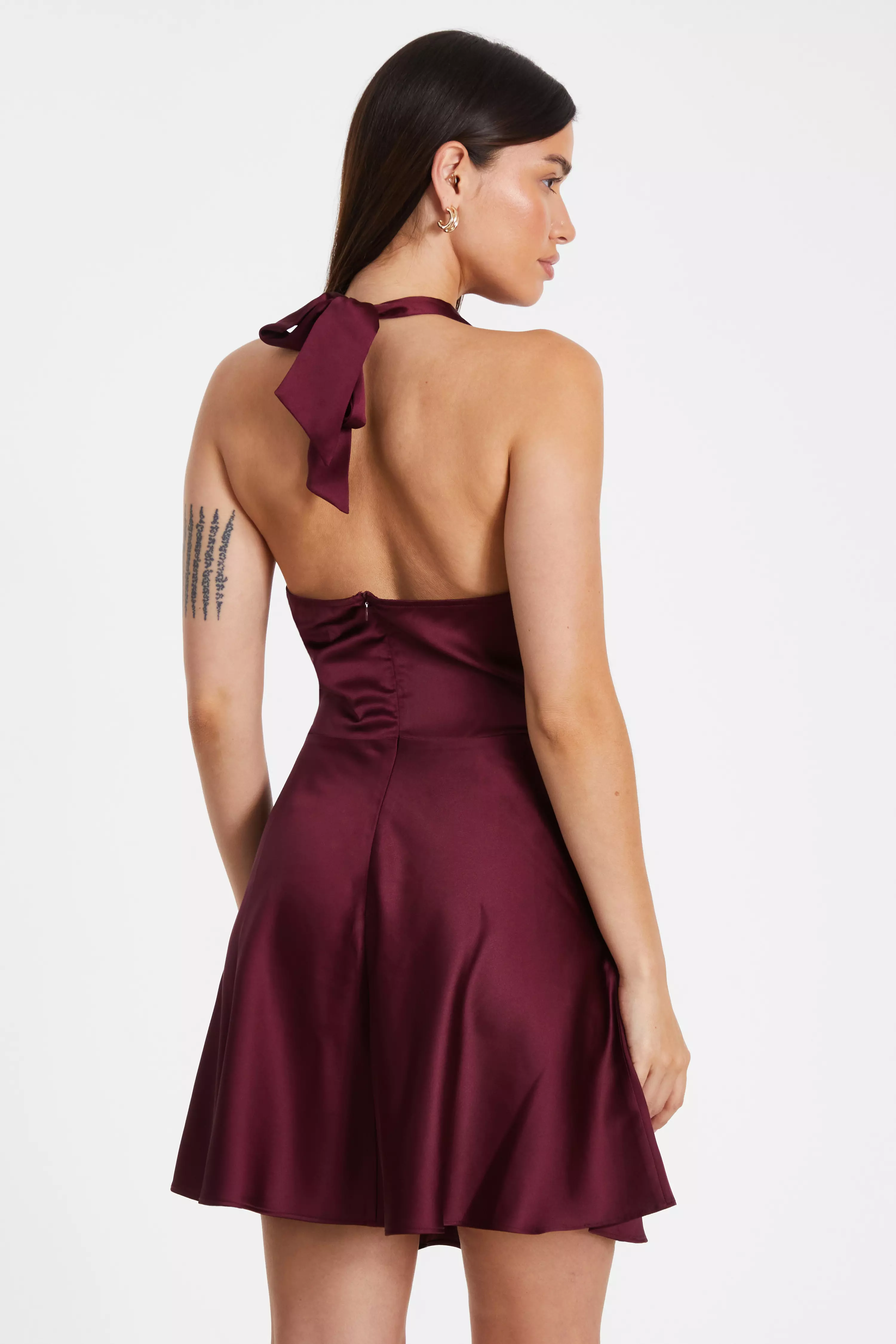 Dark Red Satin High Neck Mini Skater Dress