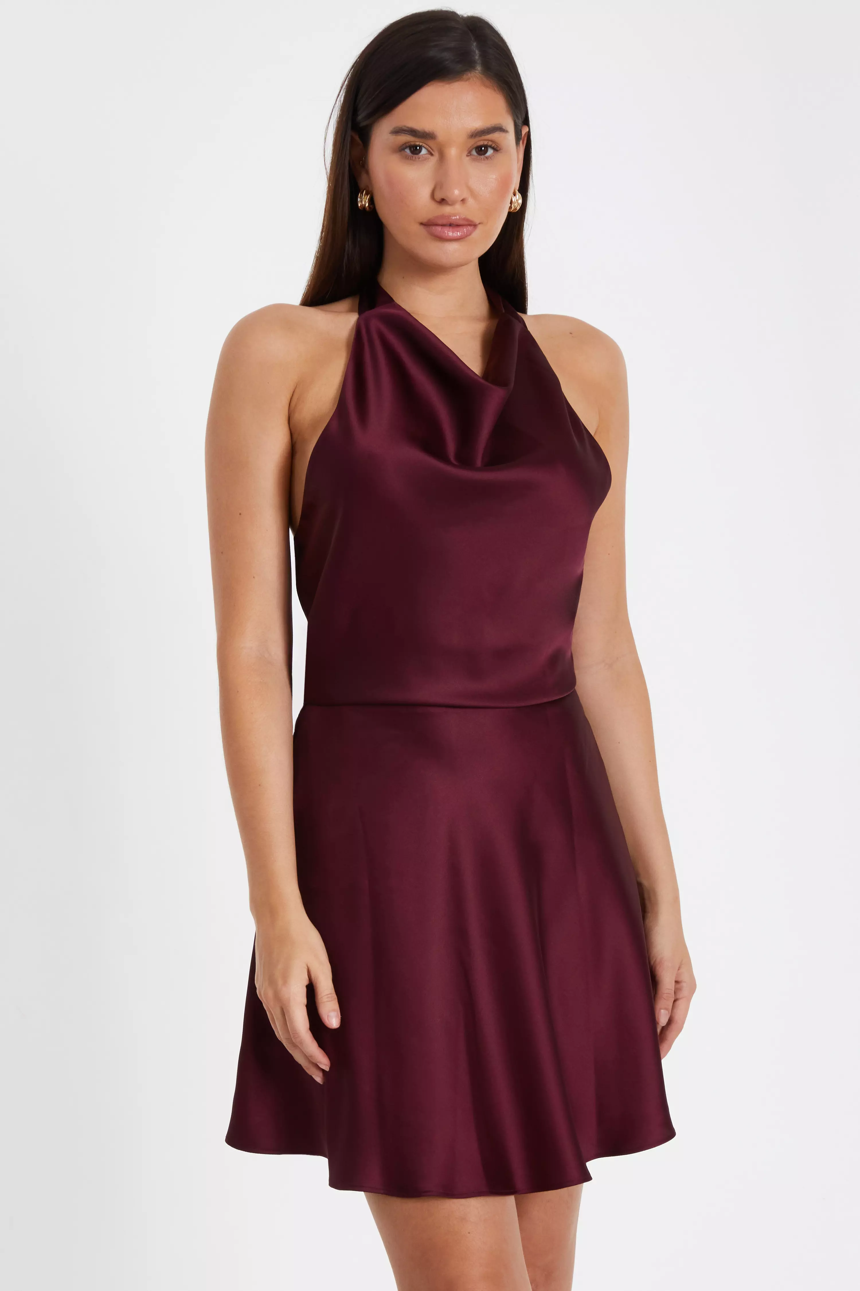 Dark Red Satin High Neck Mini Skater Dress