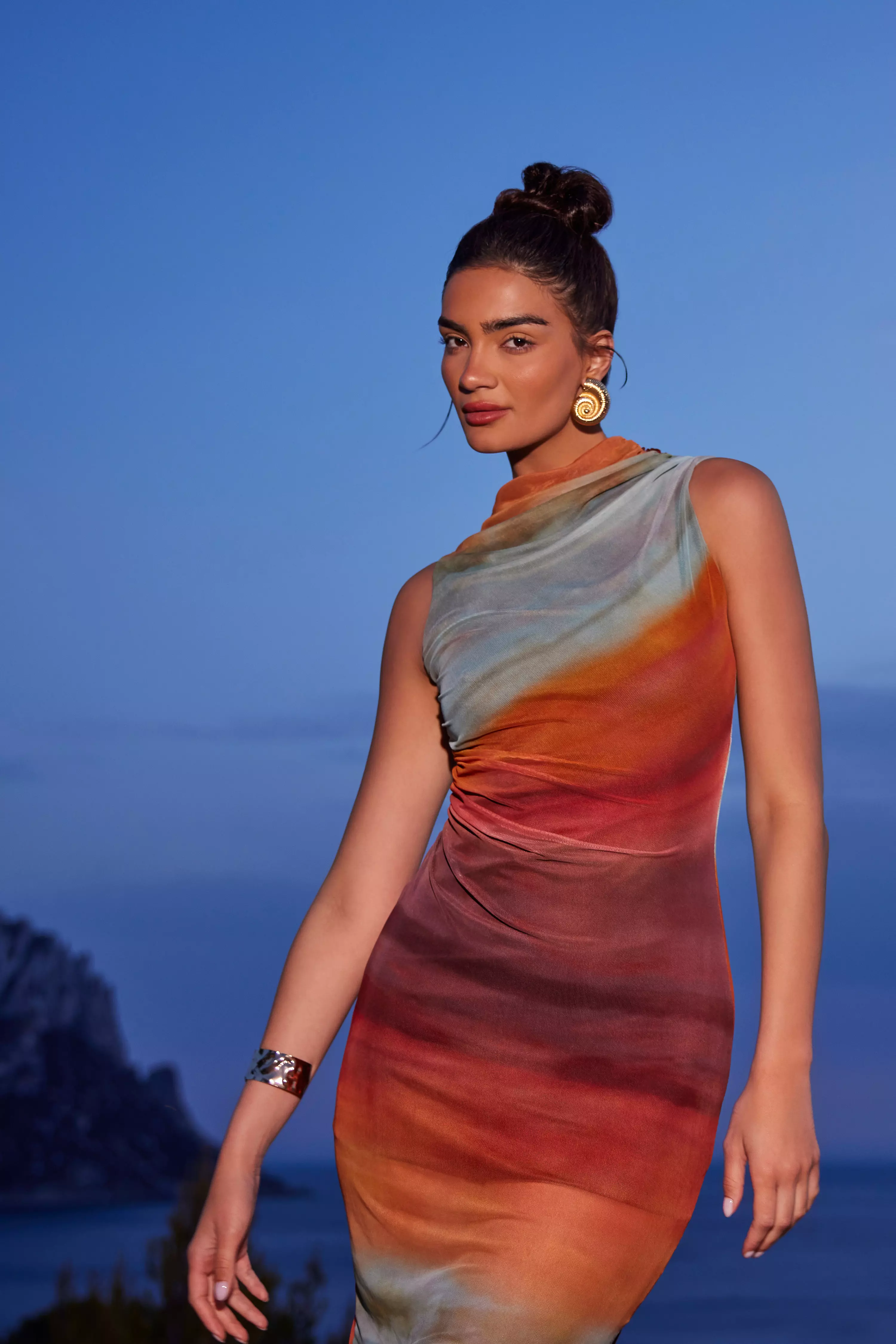 Orange Ombre Print Ruched Midaxi Dress