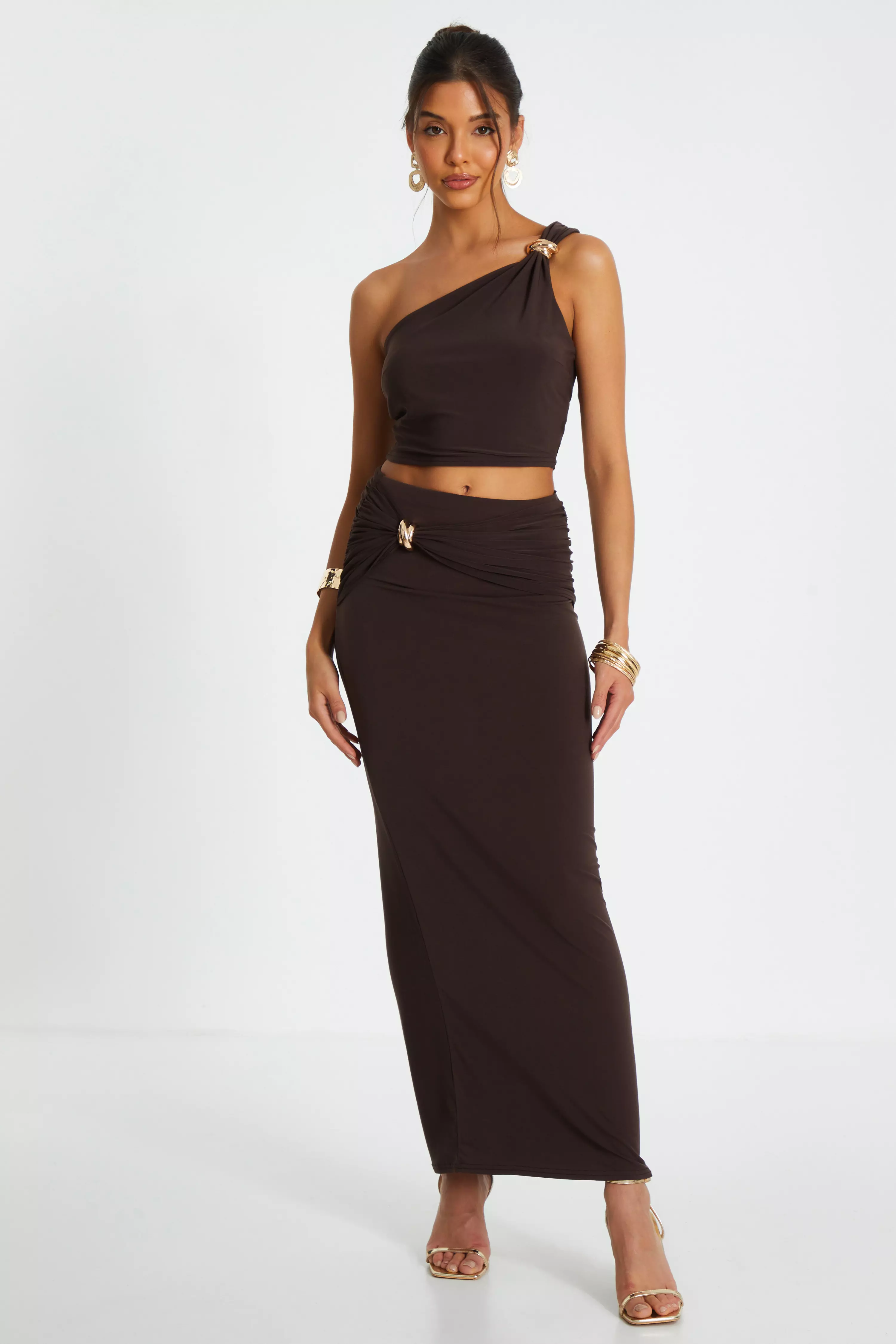 Brown One Shoulder Crop Top