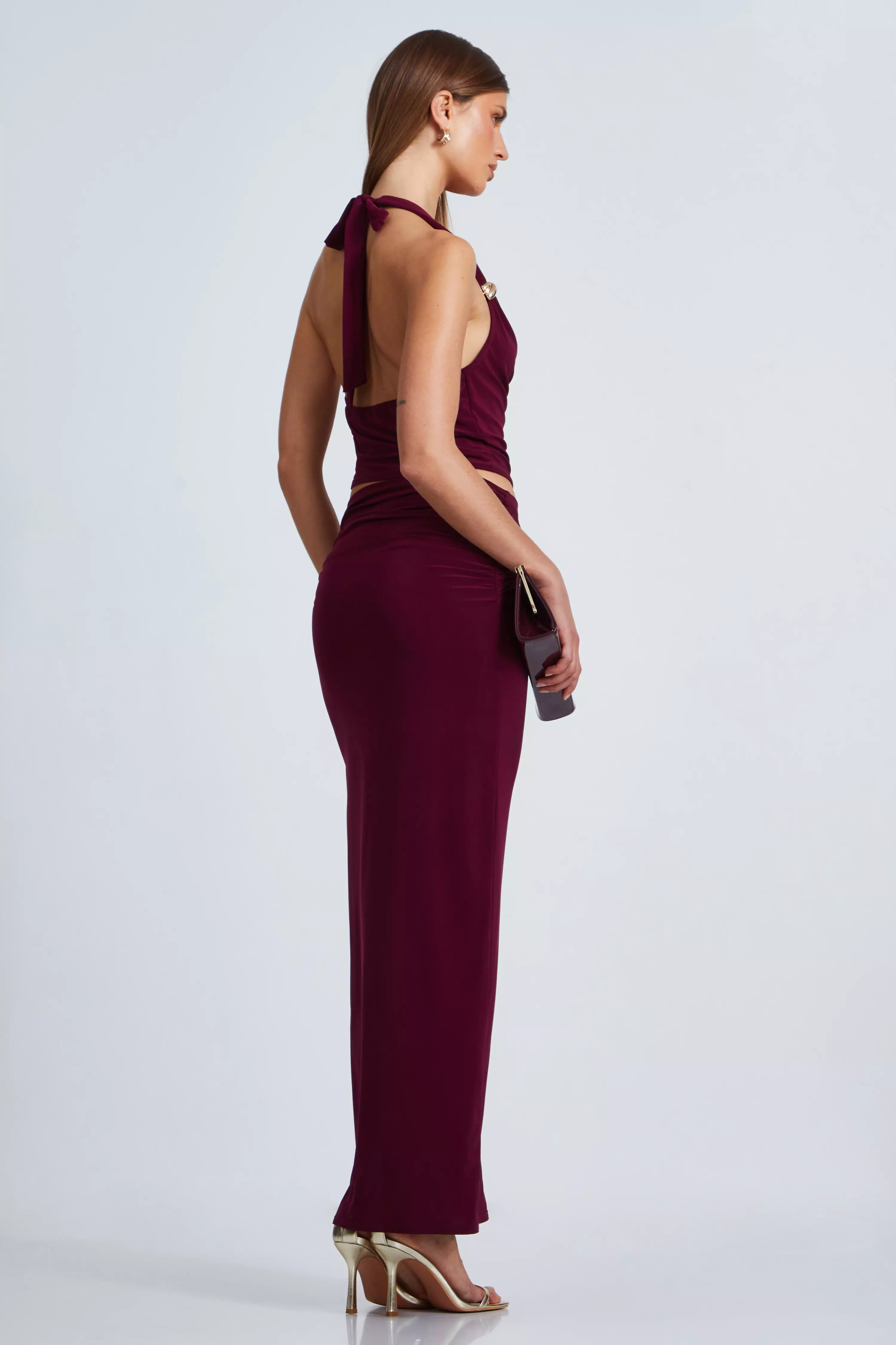 Dark Red Buckle Detail Maxi Skirt 