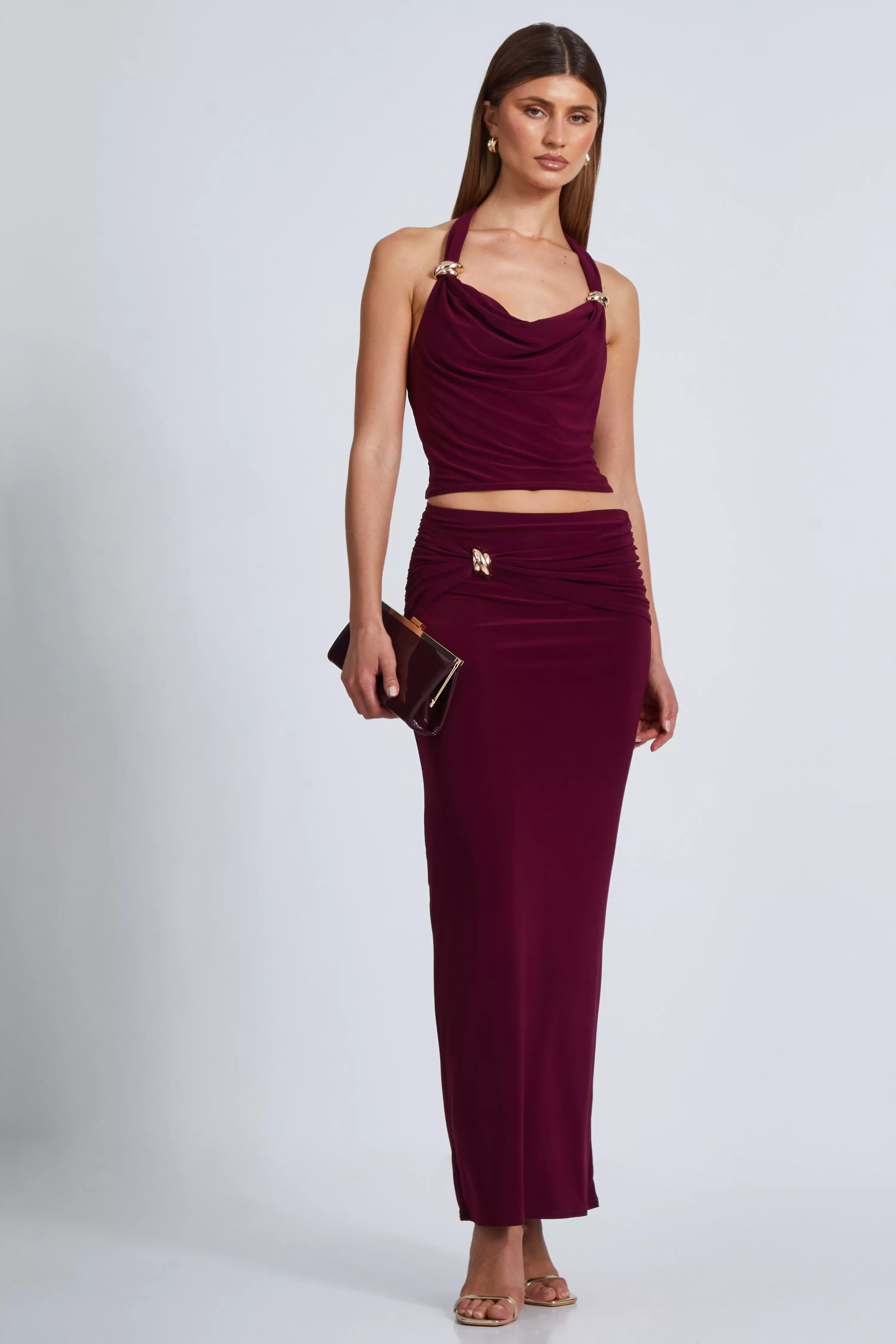 Dark Red Buckle Detail Maxi Skirt 