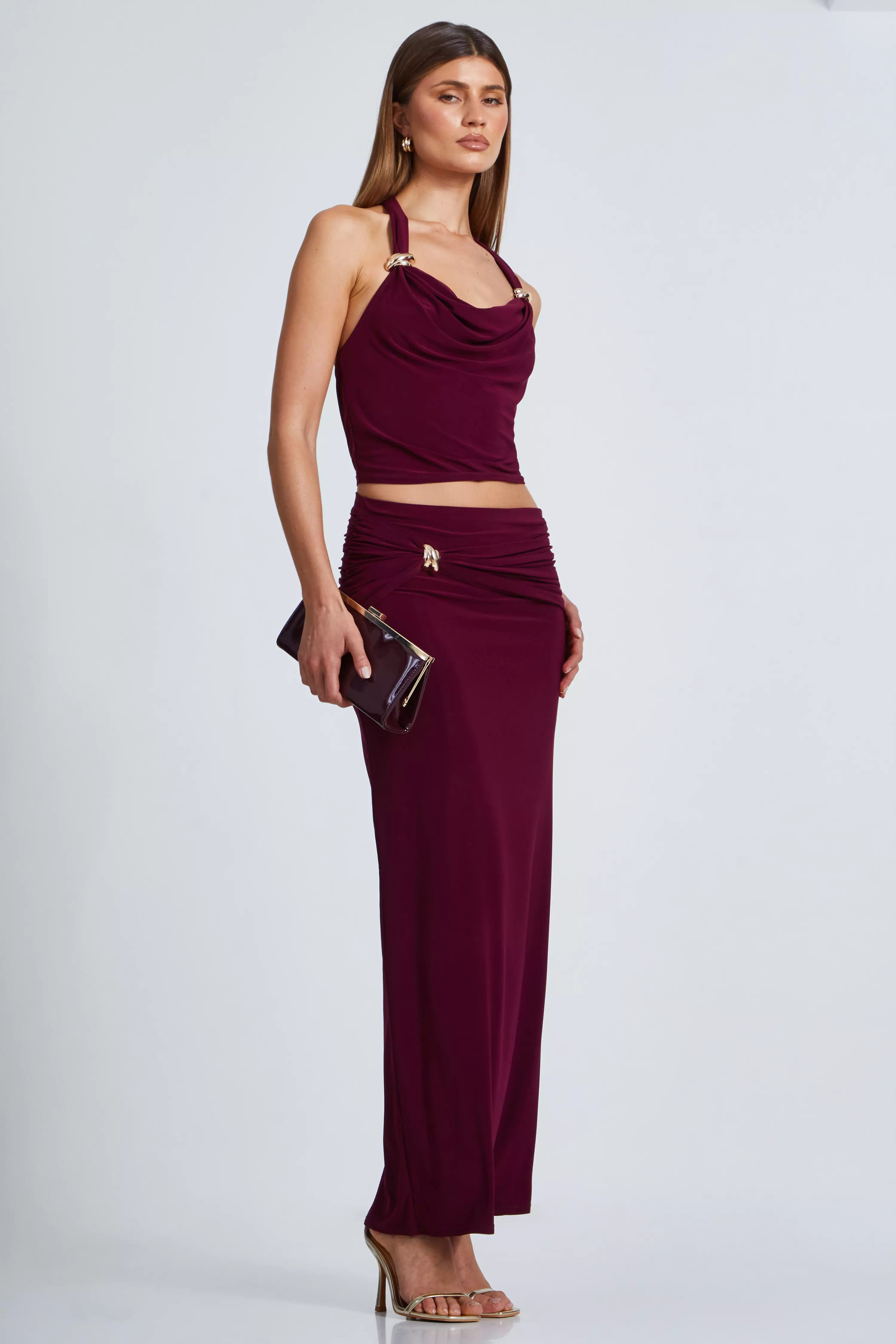 Dark Red Buckle Detail Maxi Skirt 