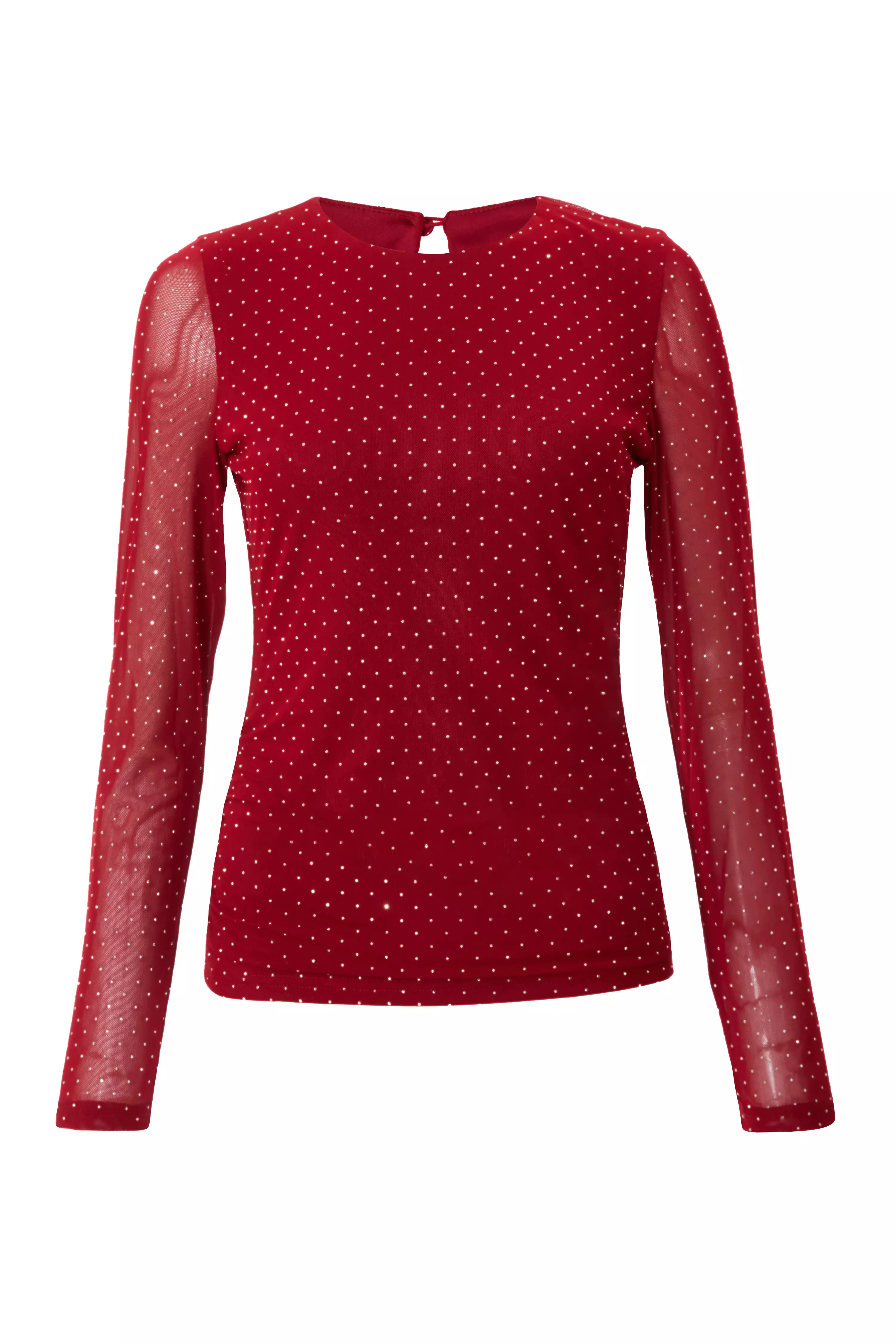 Dark Red Mesh Long Sleeve Top