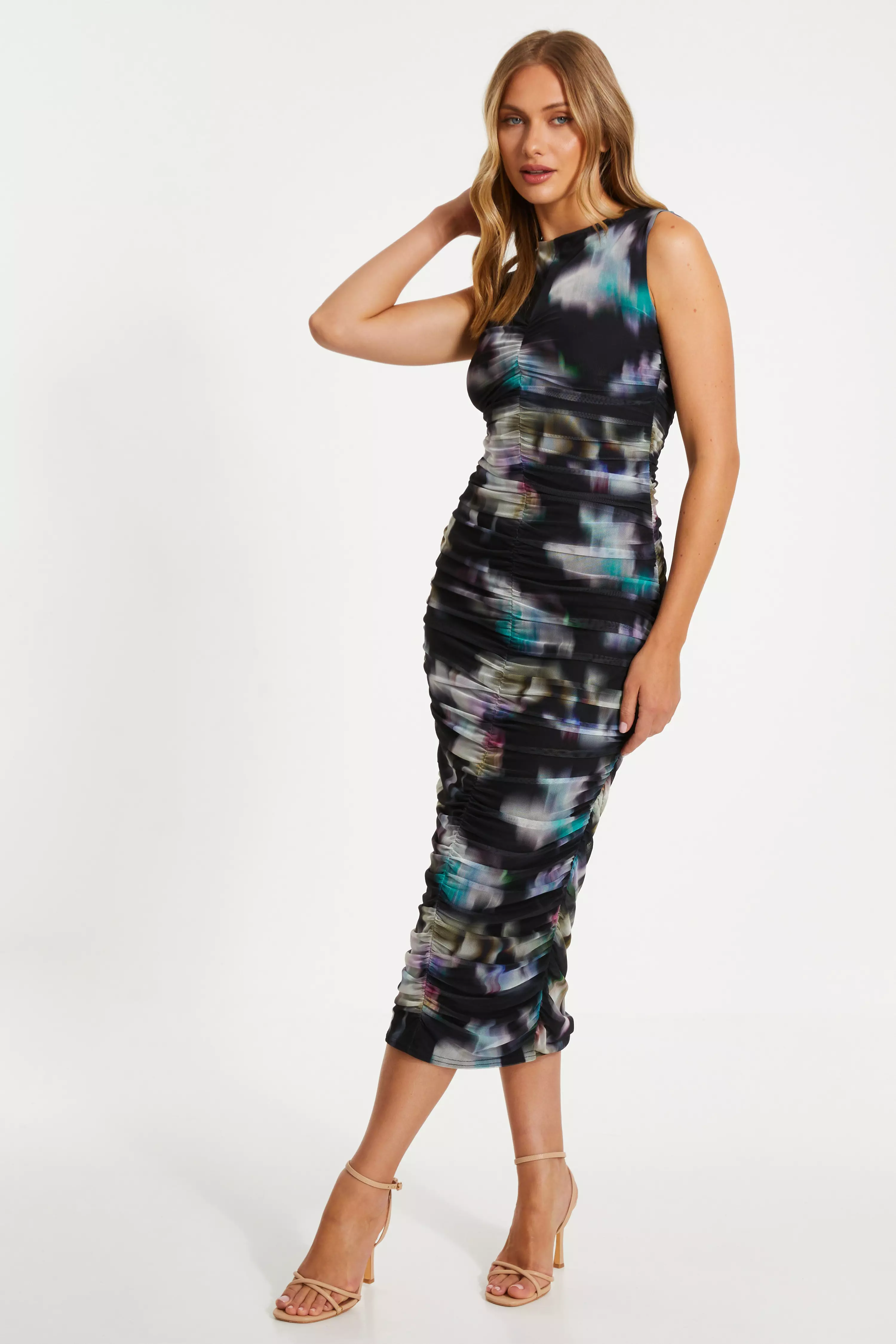 Black Brushstroke Print Mesh Midaxi Dress