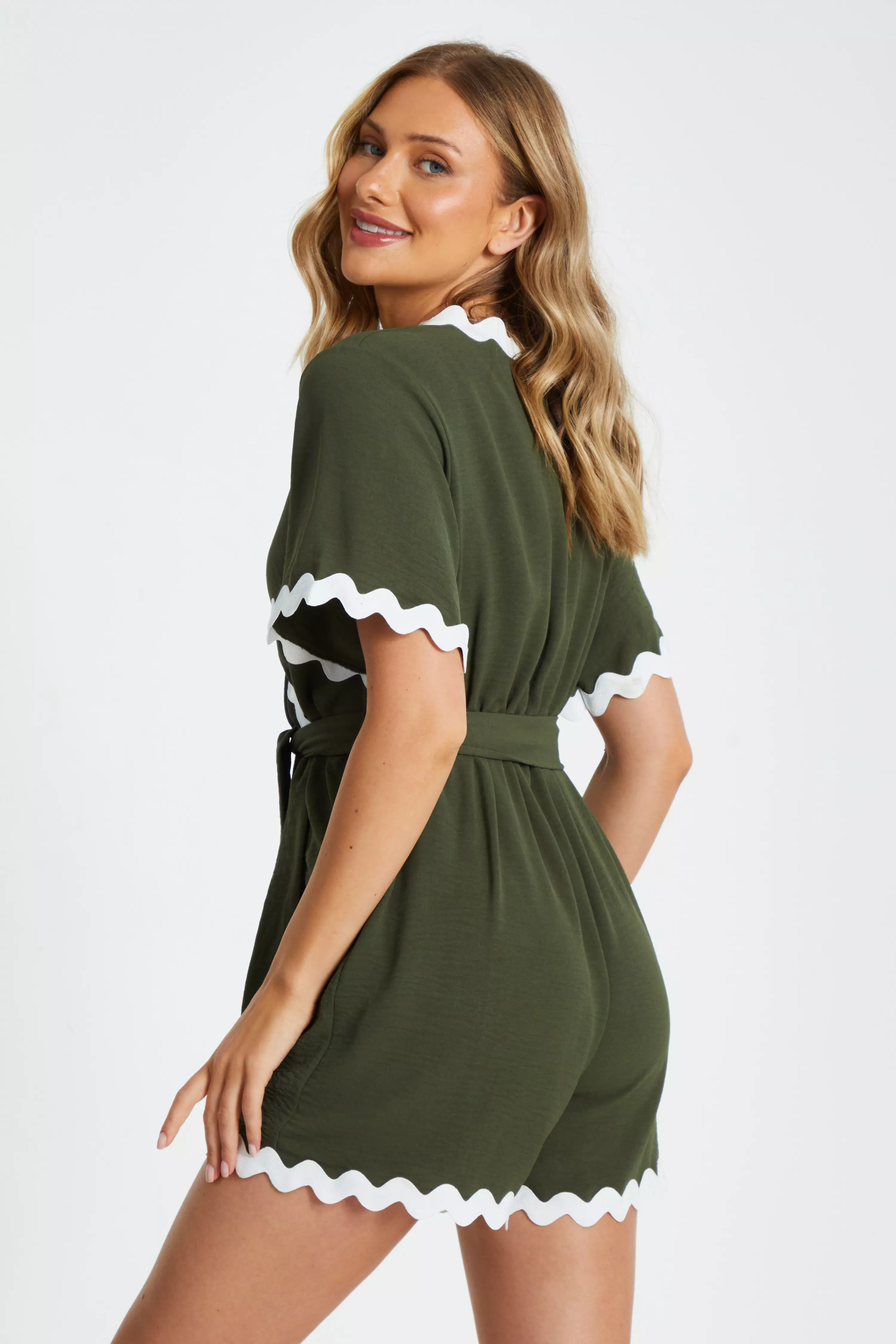 Khaki Wavy Trim Wrap Playsuit