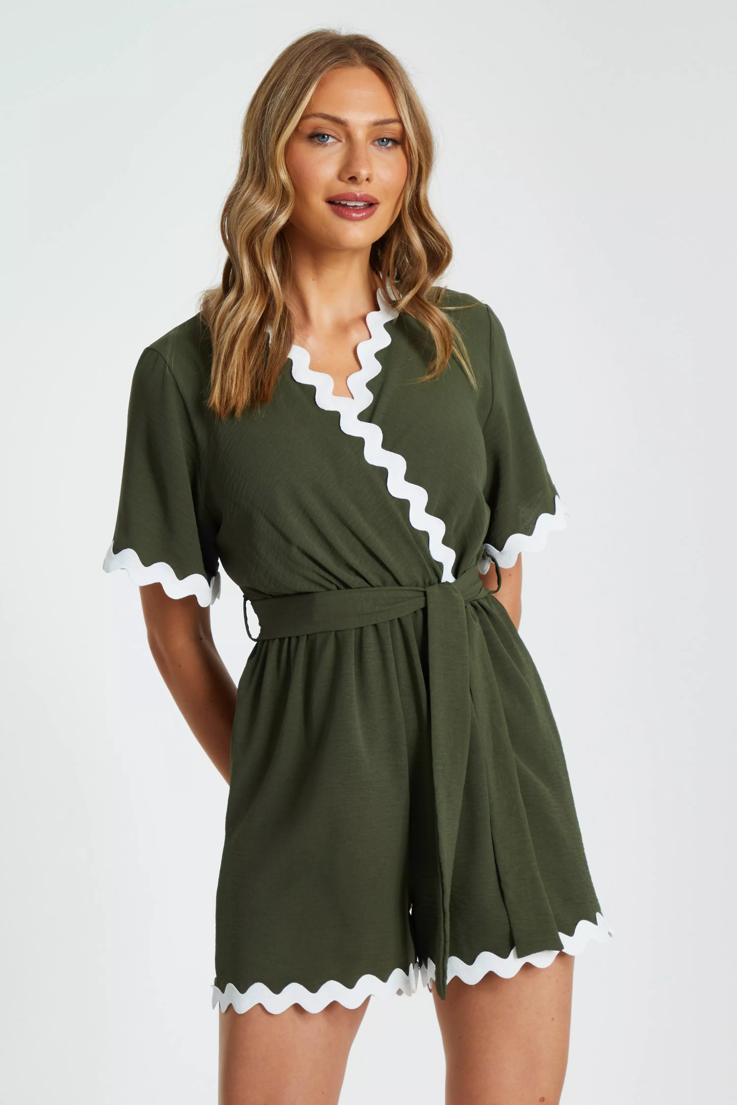 Khaki Wavy Trim Wrap Playsuit