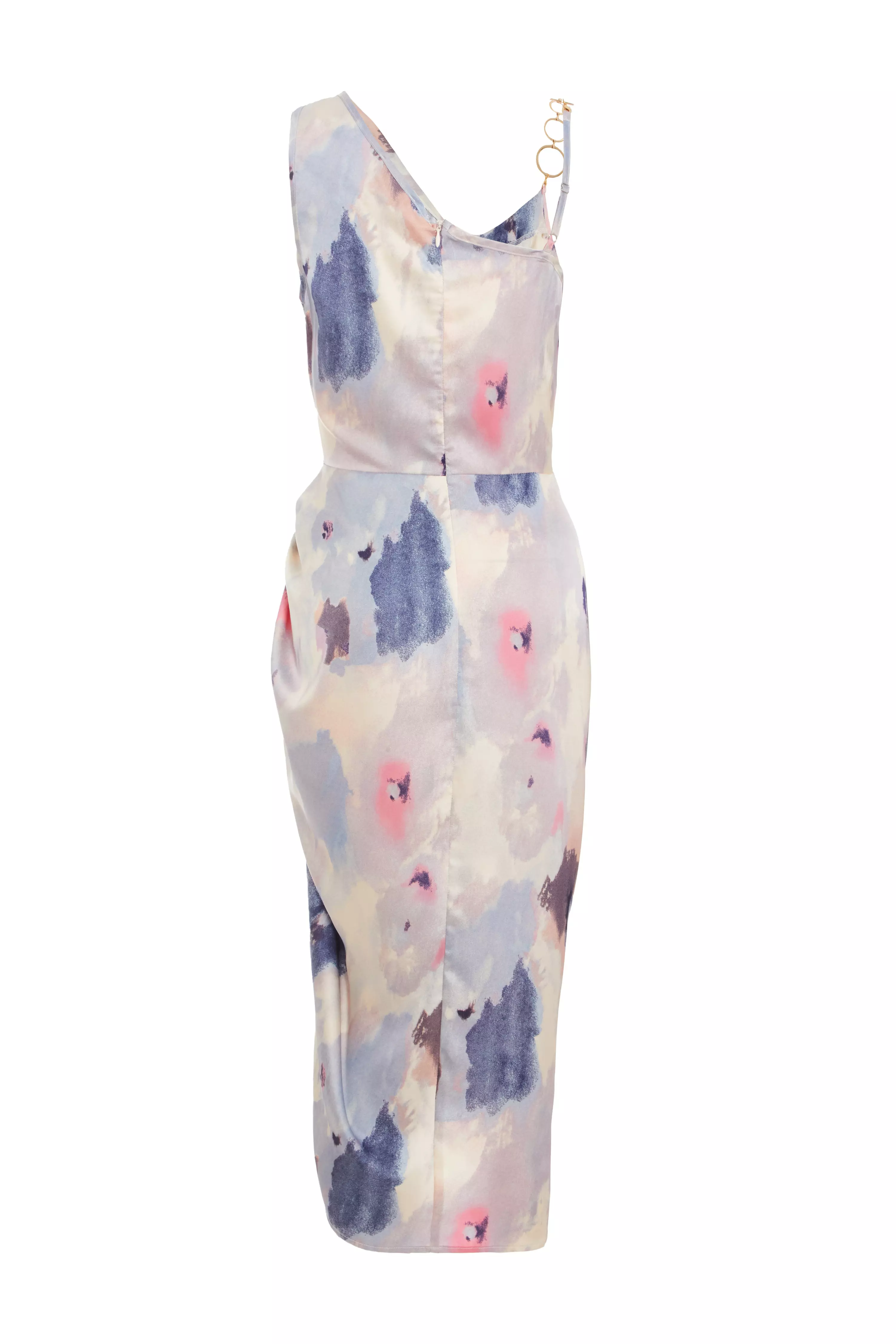 Blue Satin Marble Print Ruched Midi Dress