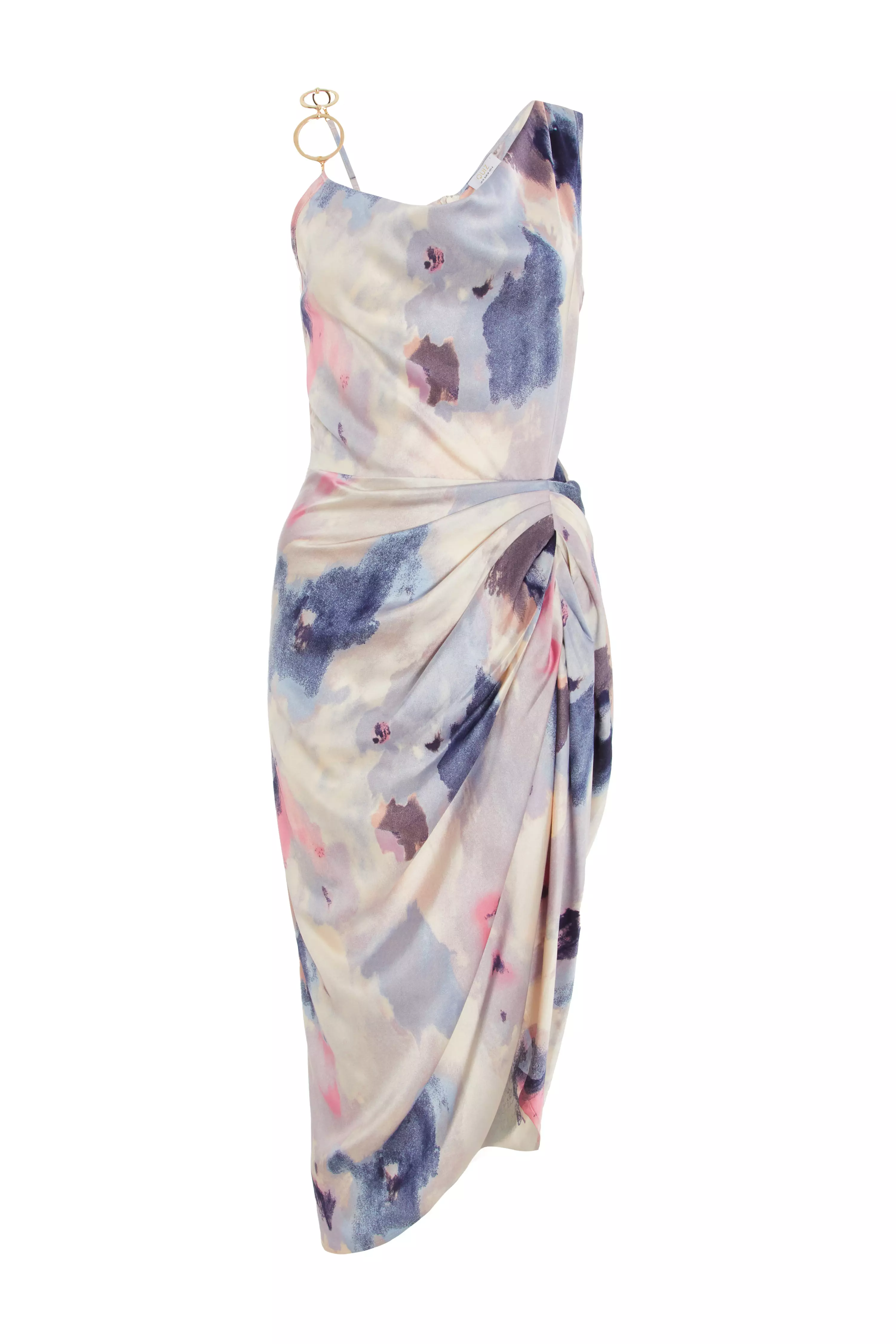 Blue Satin Marble Print Ruched Midi Dress