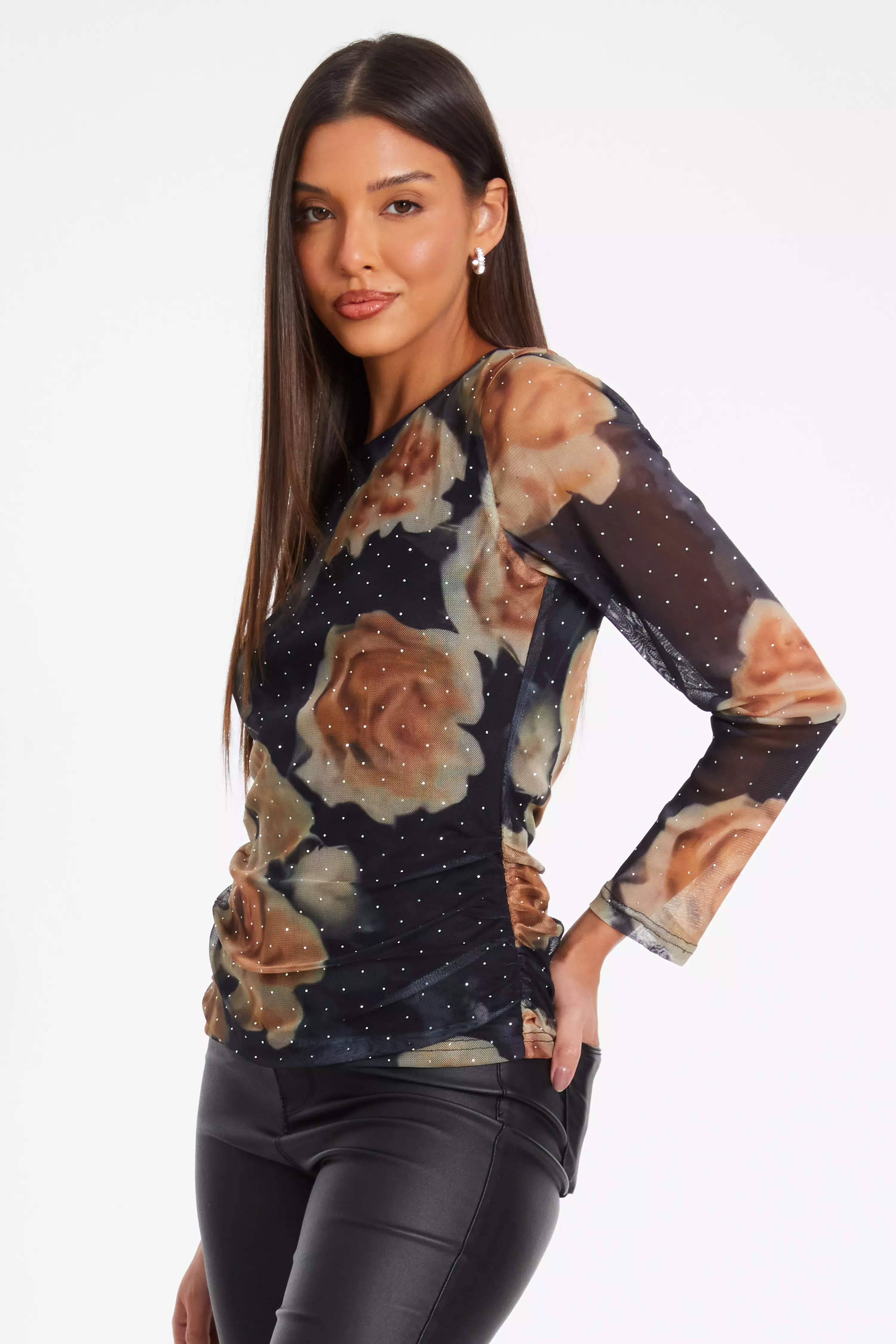 Black Floral Print Mesh Top