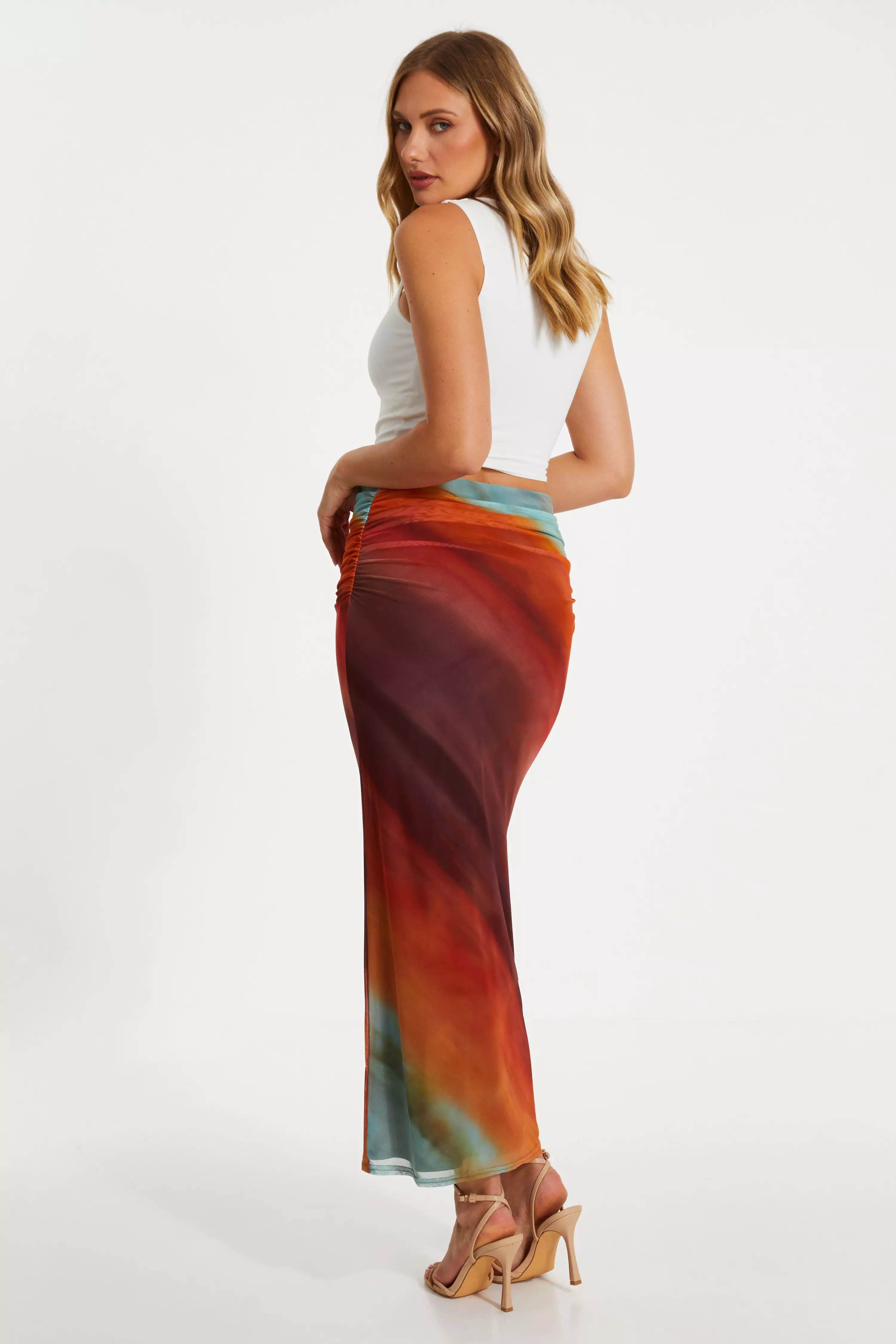 Brown Ombre Ruched Maxi Skirt
