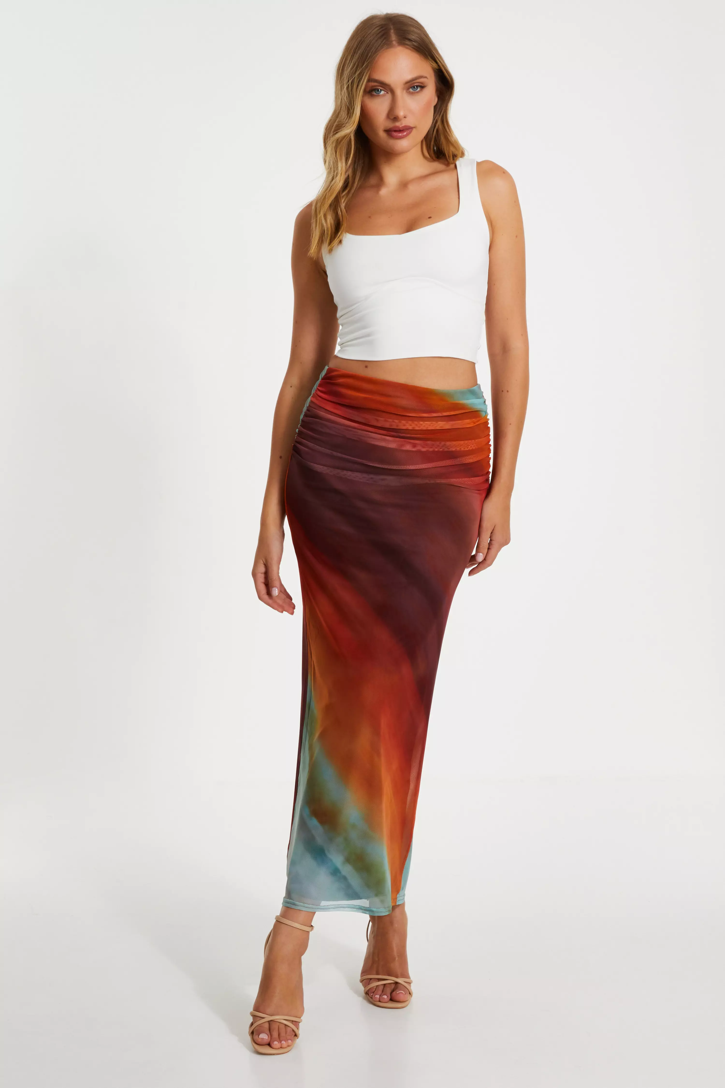 Brown Ombre Ruched Maxi Skirt