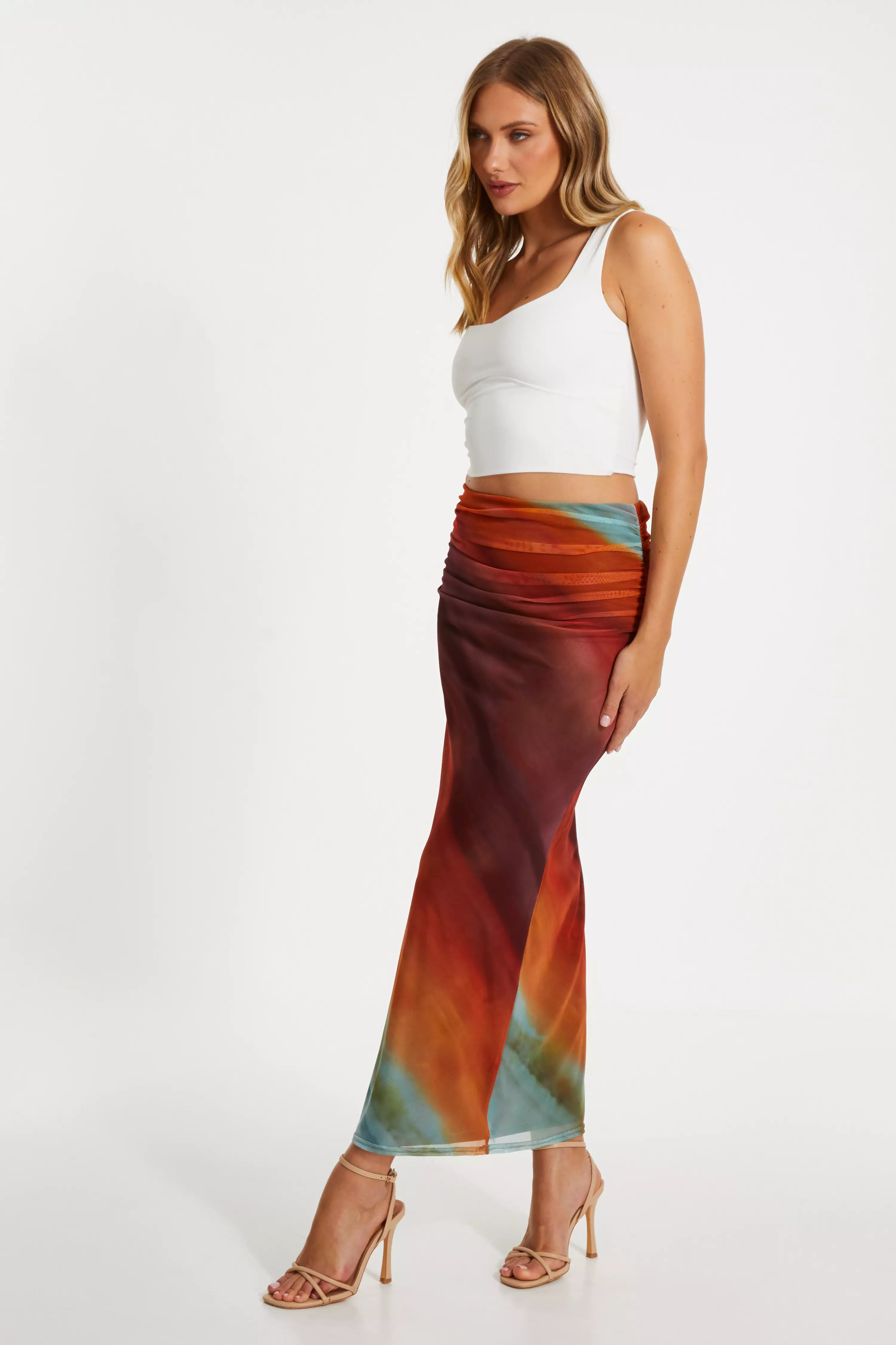 Brown Ombre Ruched Maxi Skirt