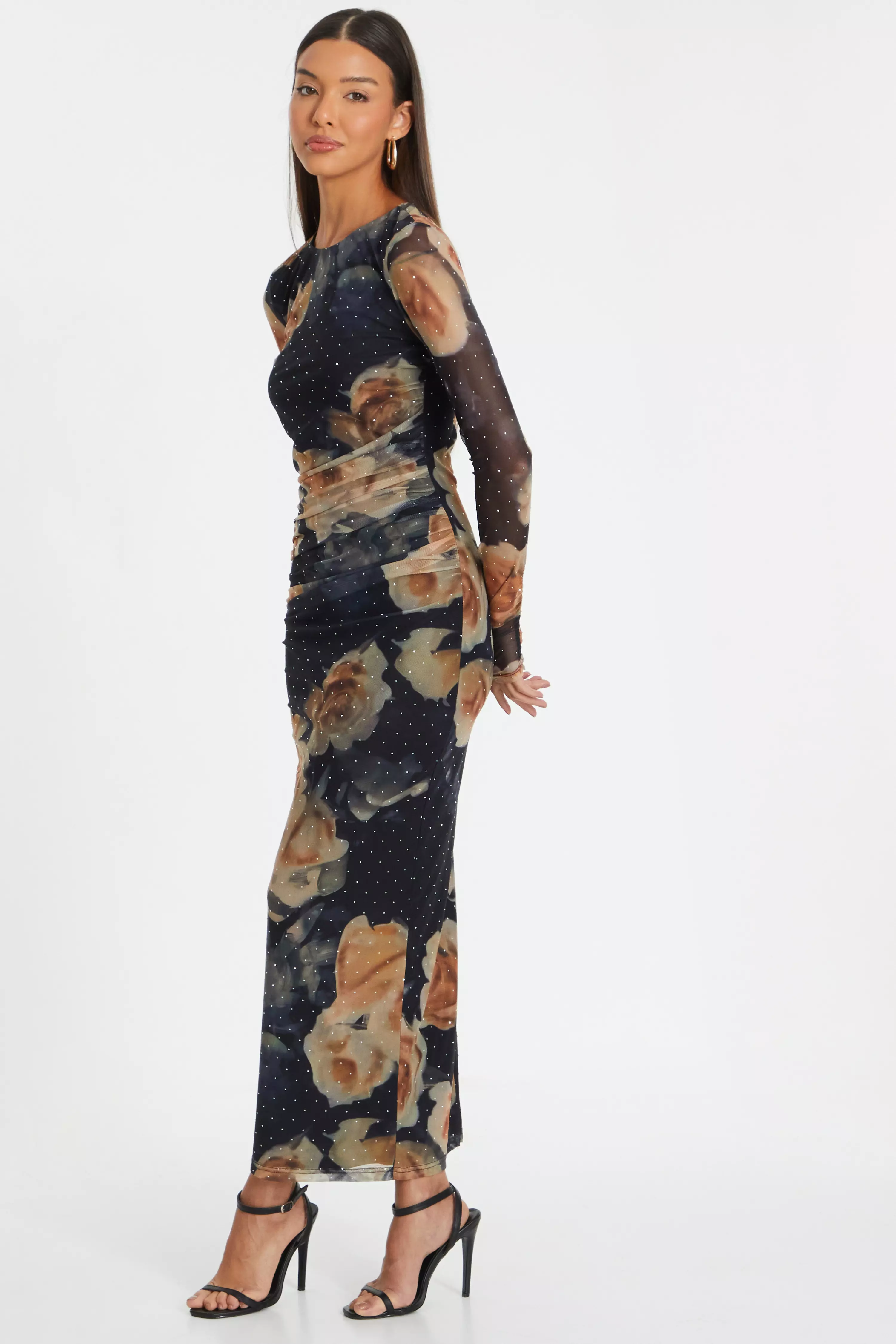 Black Floral Mesh Midaxi Dress