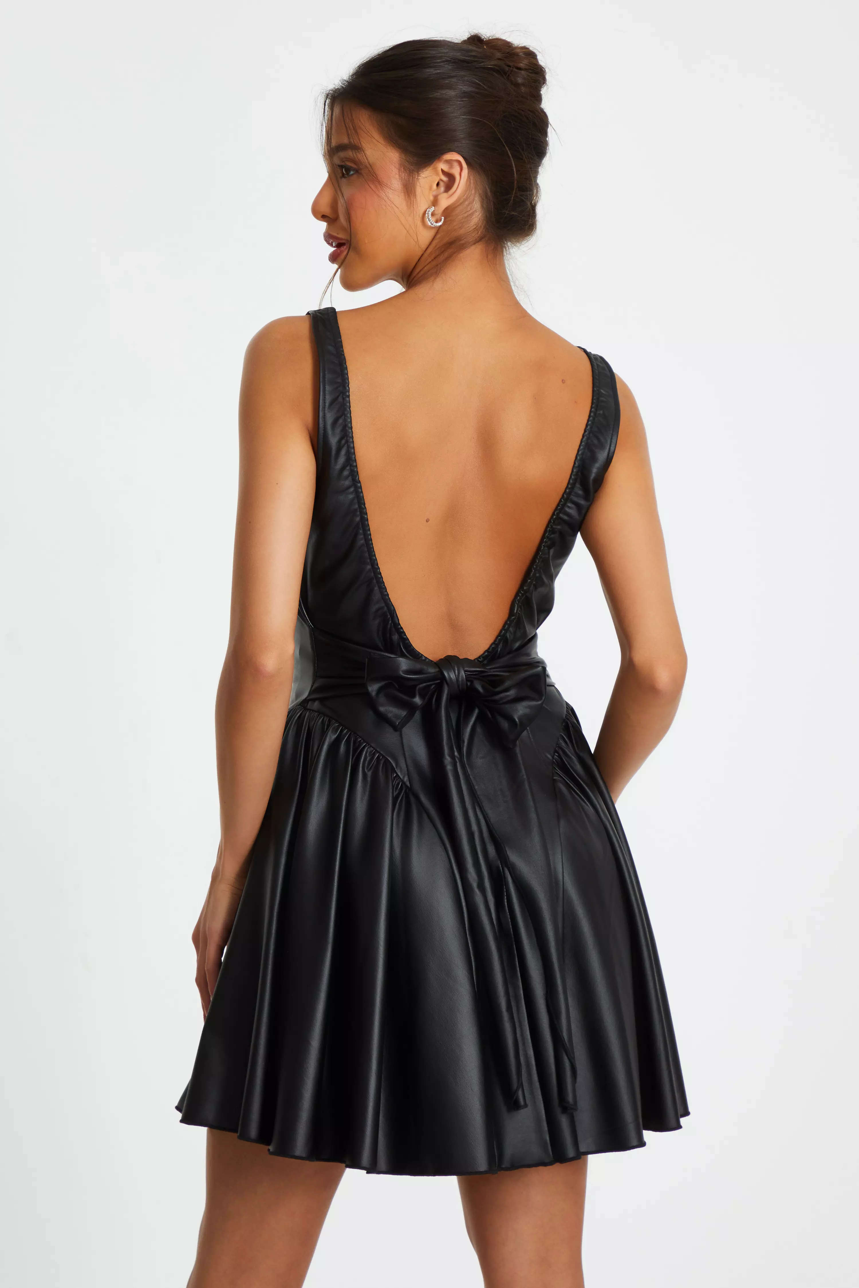 Black Faux Leather Tie Back Skater Dress