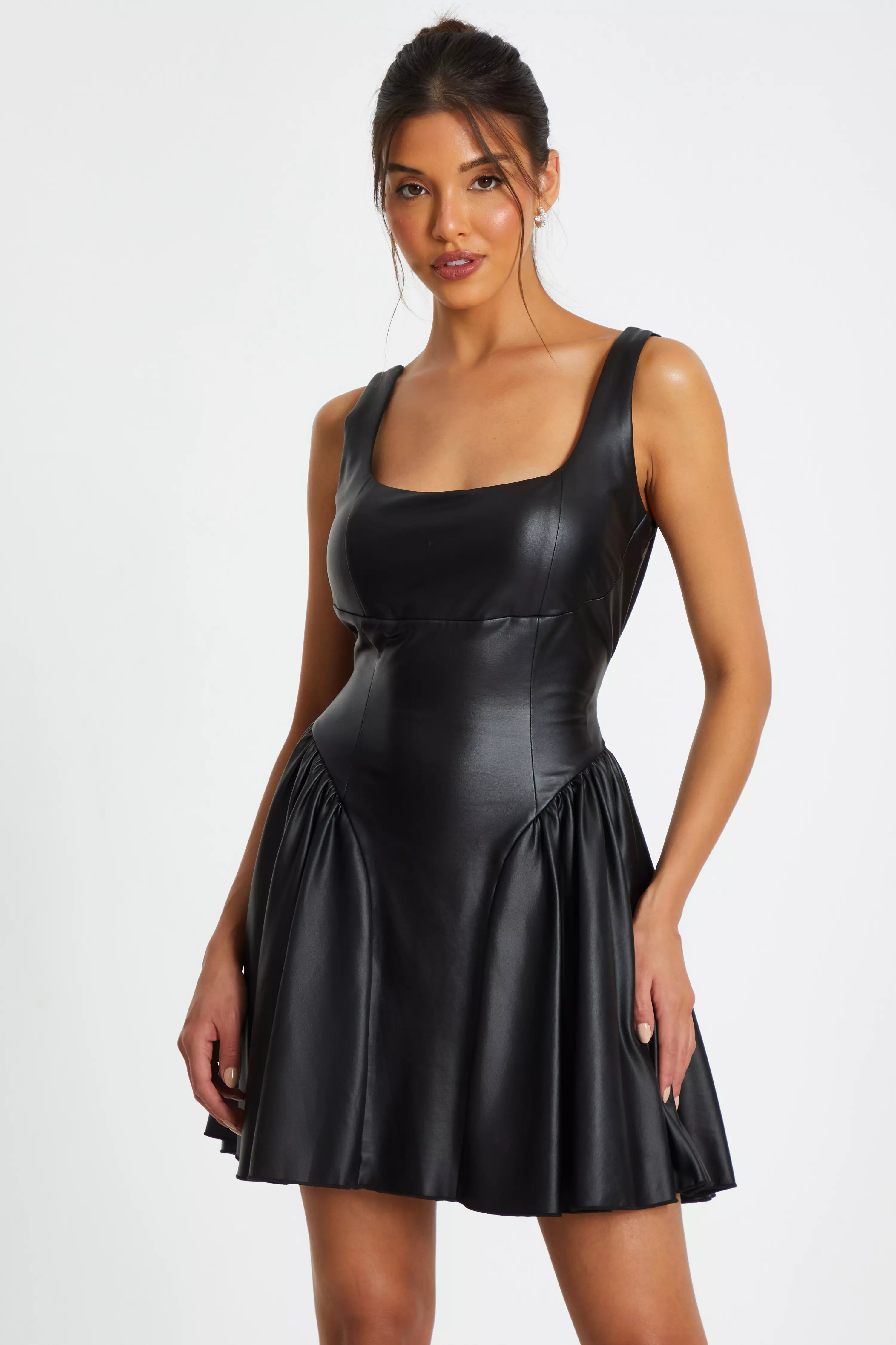 Black Faux Leather Skater Dress