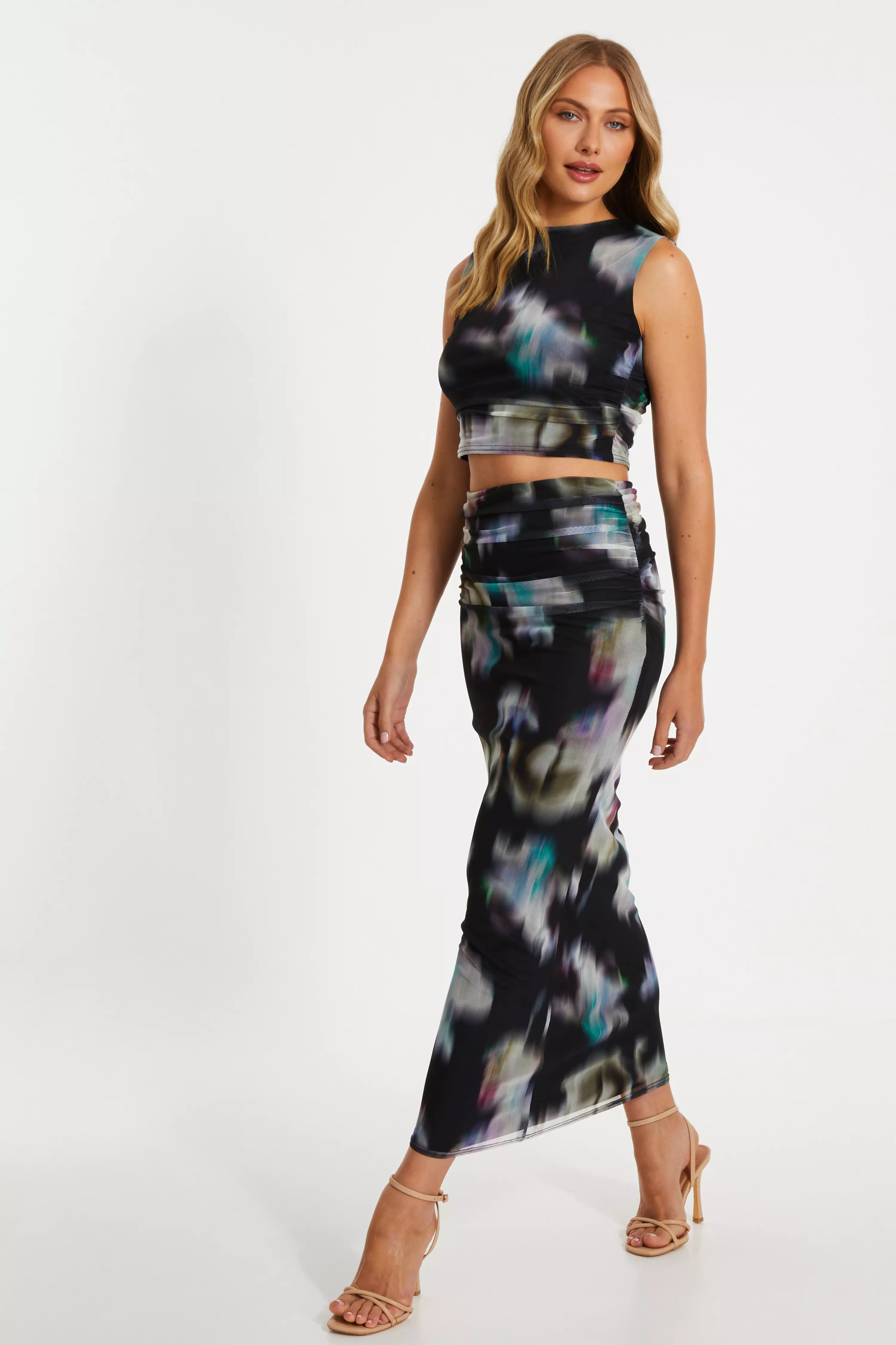 Black Brushstroke Print Mesh Maxi Skirt