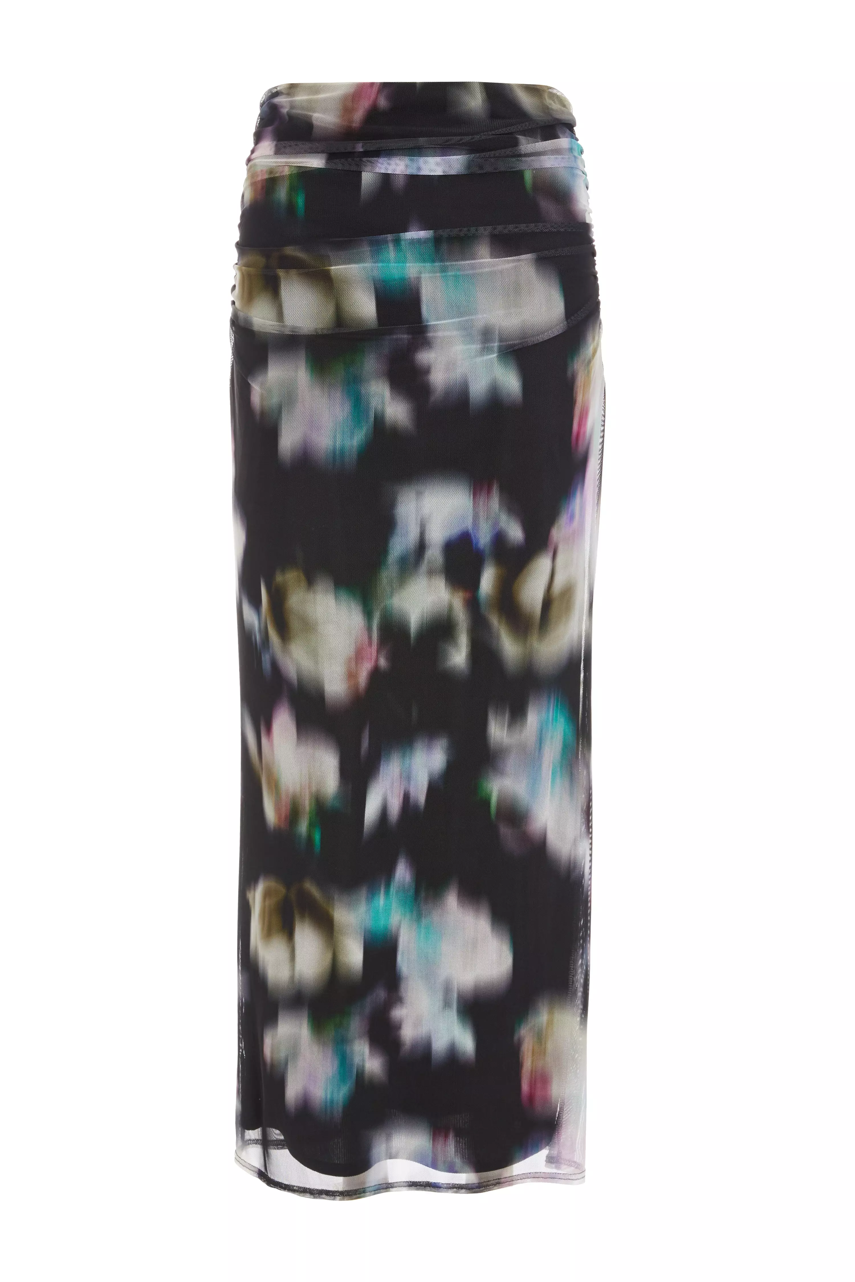 Black Brushstroke Print Mesh Maxi Skirt