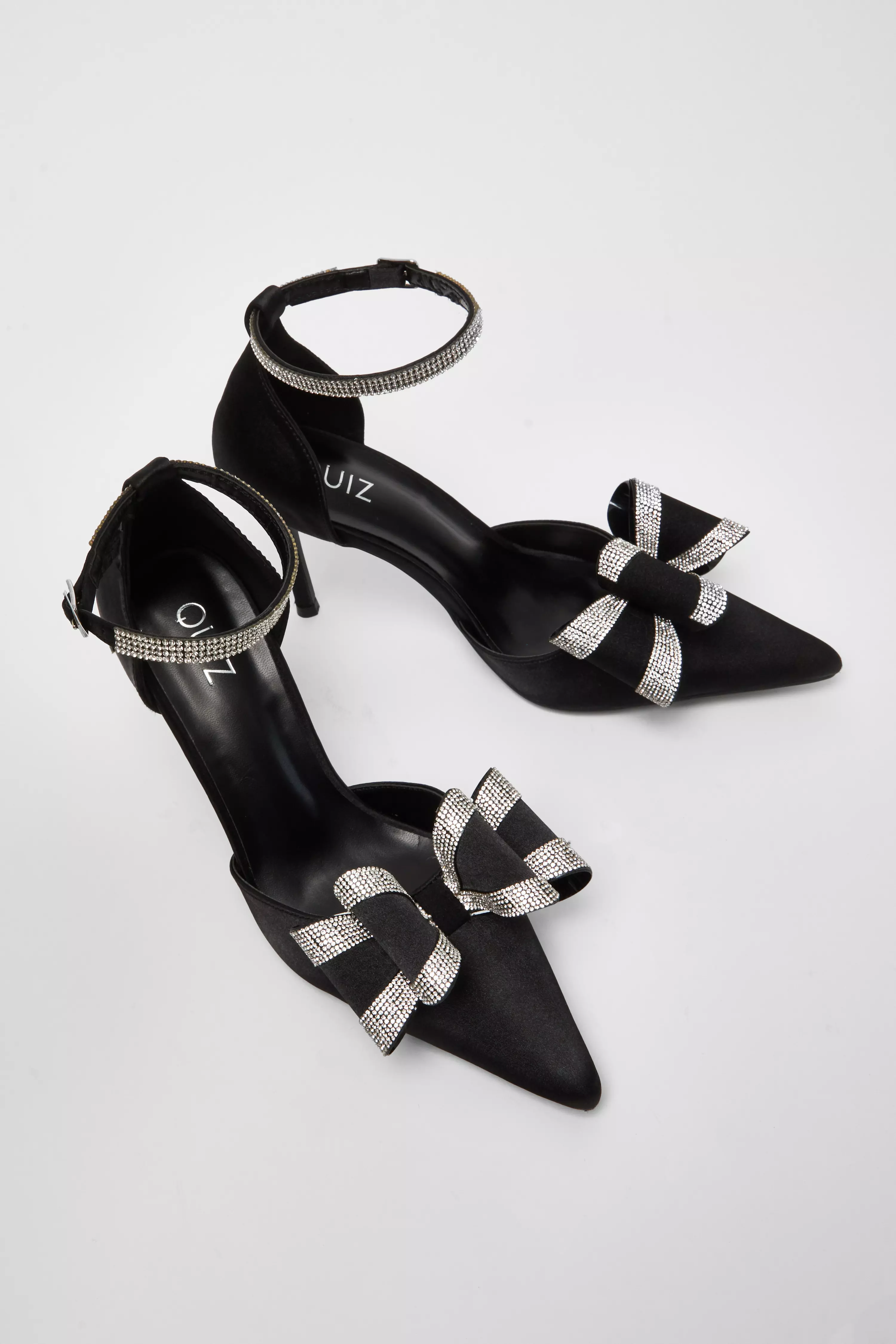 Black Satin Diamante Bow Court Heels