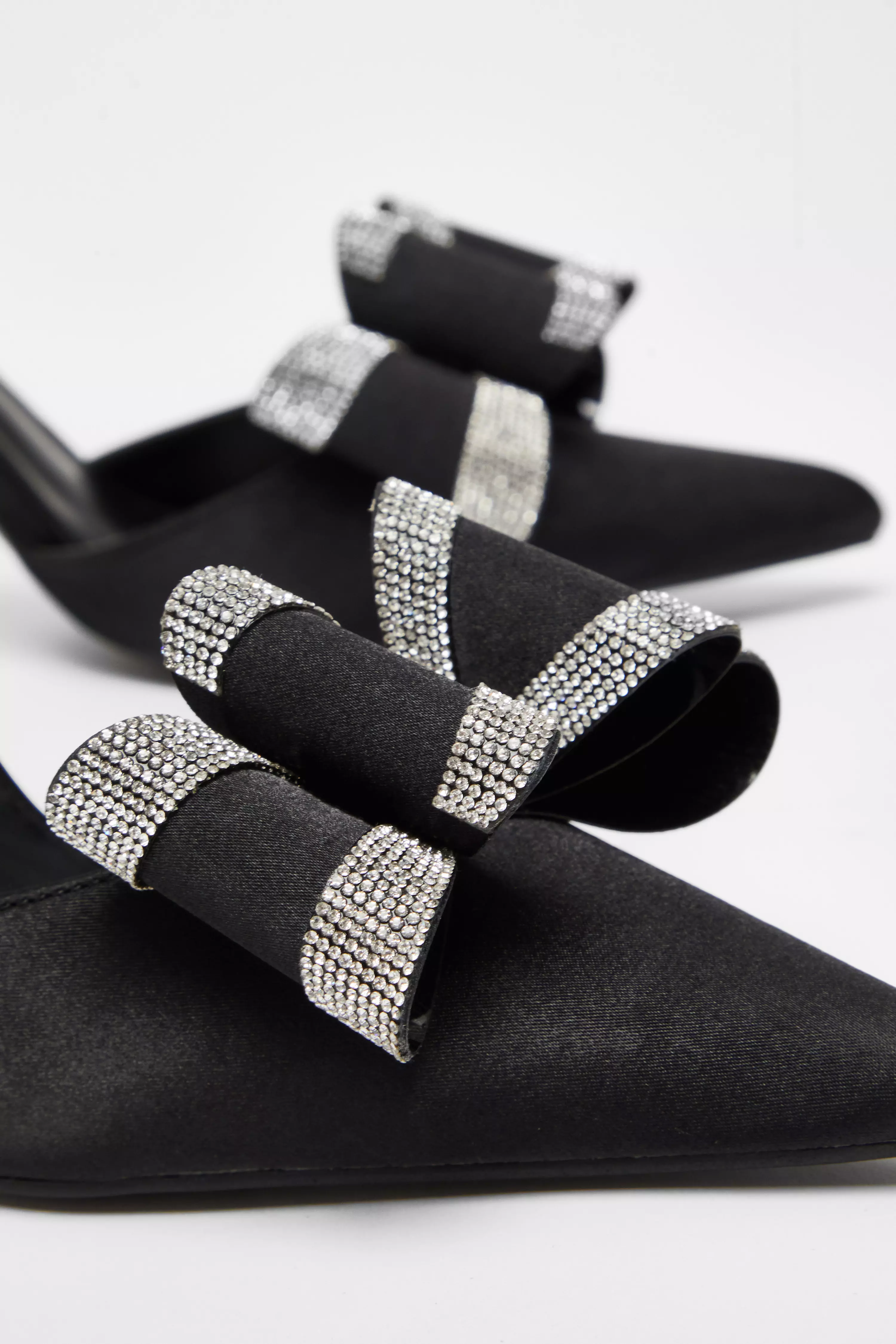 Black Satin Diamante Bow Court Heels