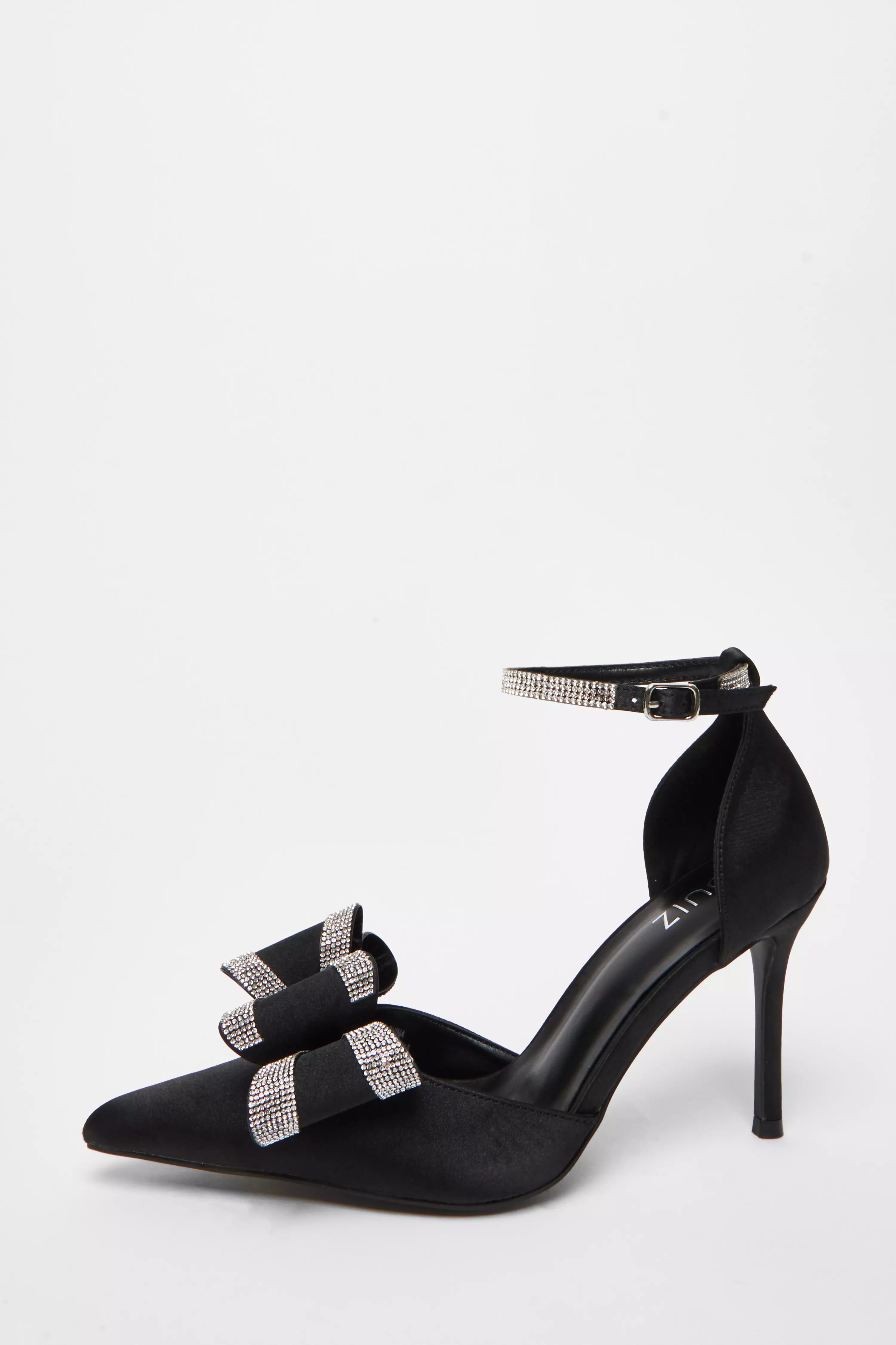 Black Satin Diamante Bow Court Heels