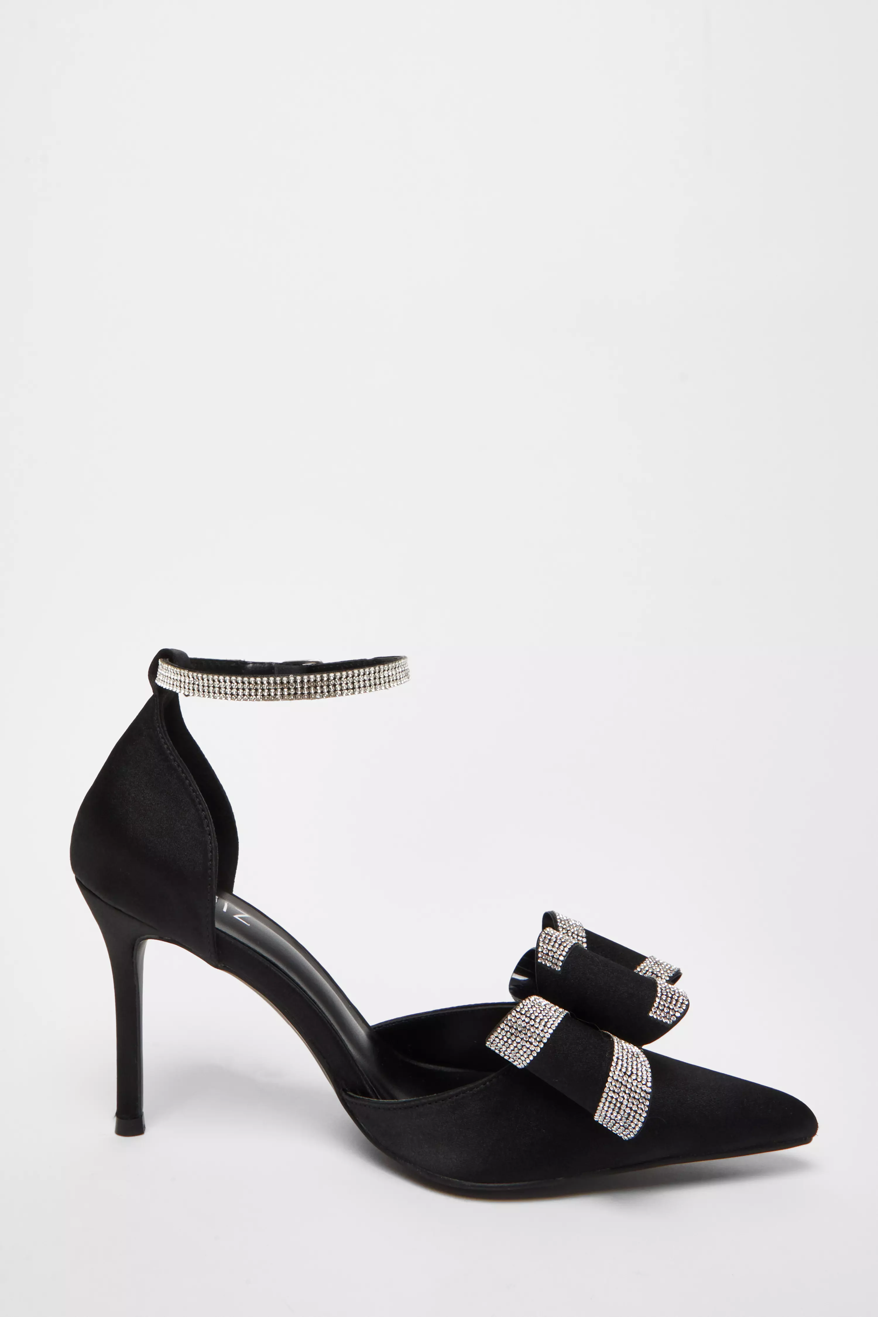 Black Satin Diamante Bow Court Heels