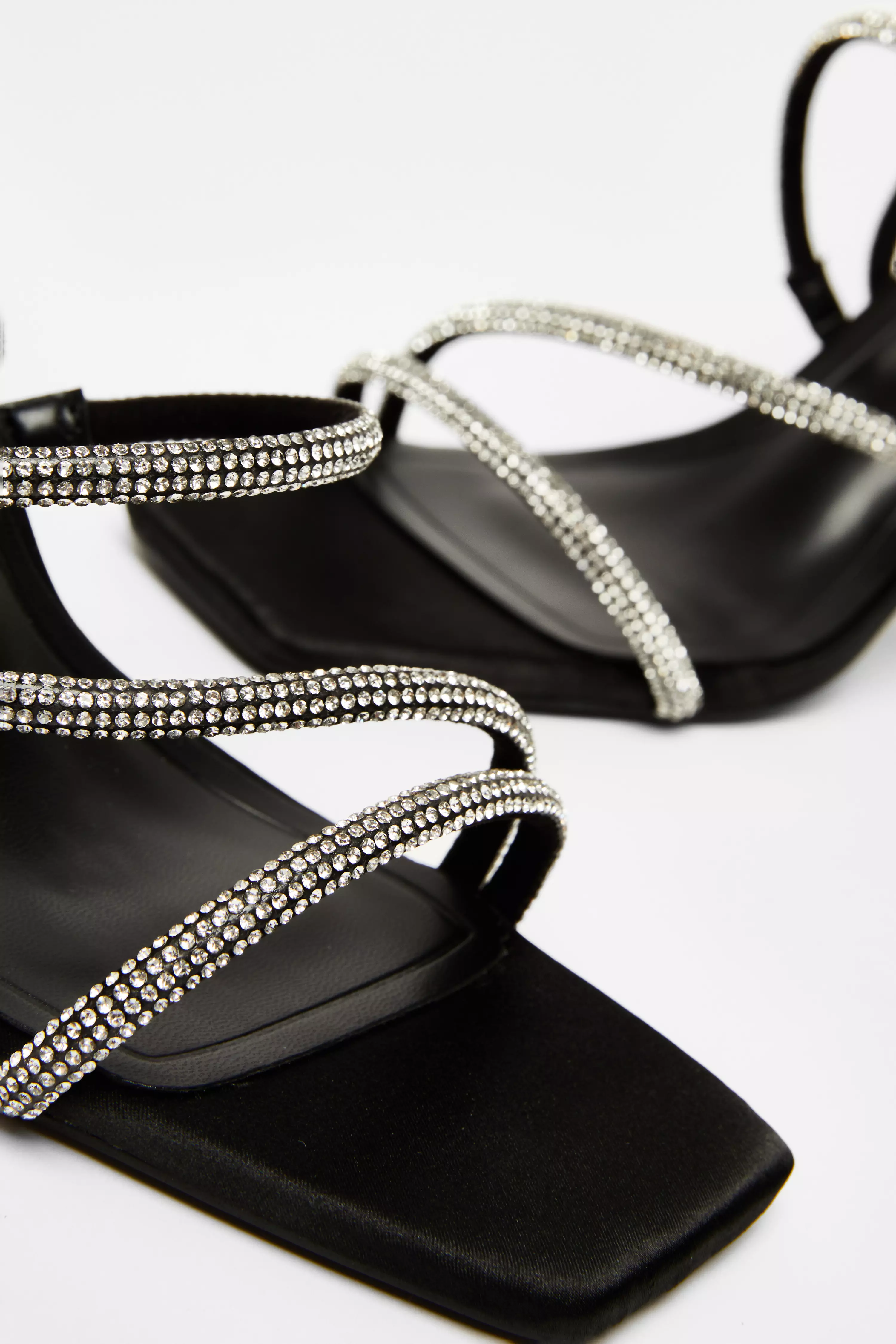 Black Satin Diamante Strappy Heels