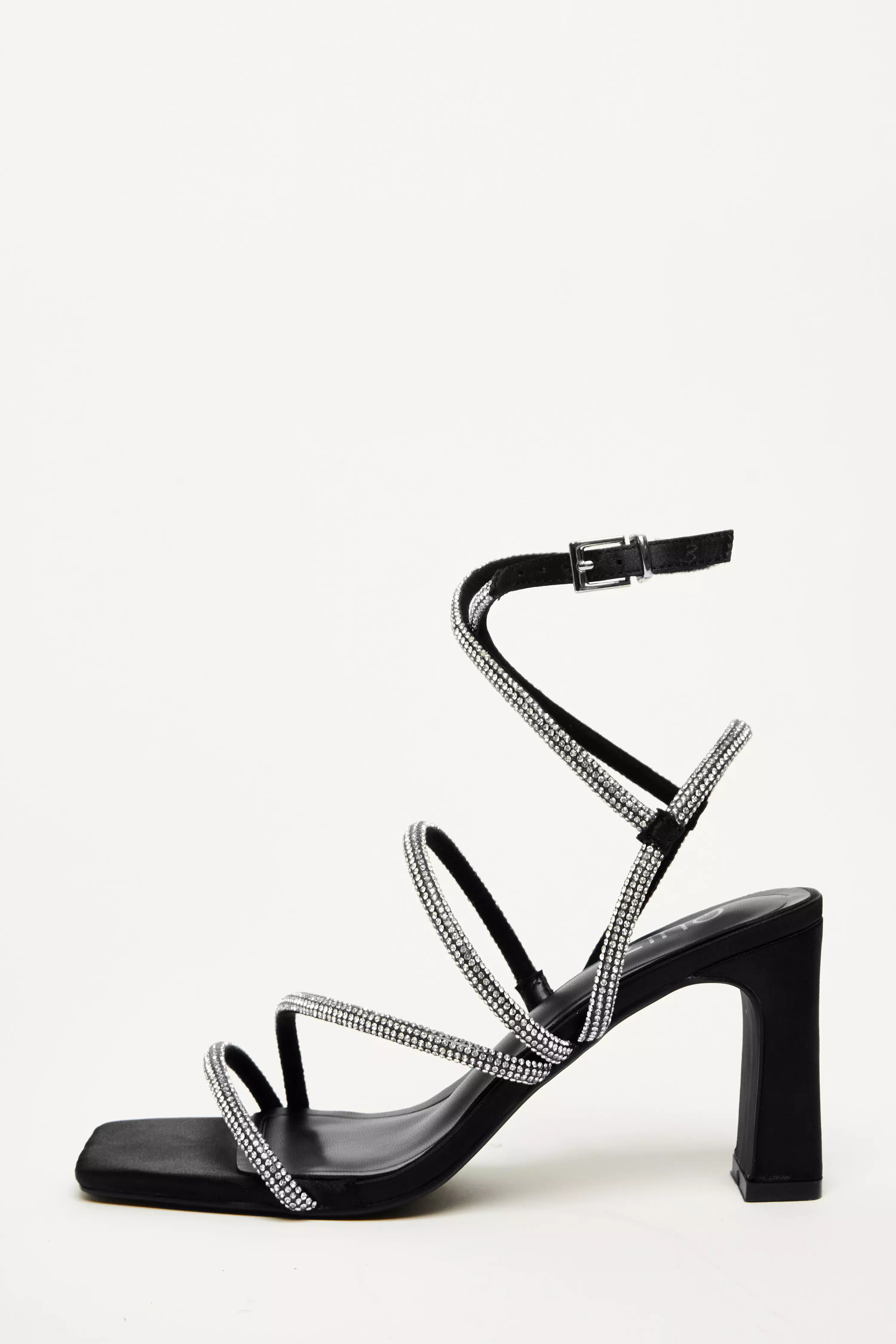 Black Satin Diamante Strappy Heels