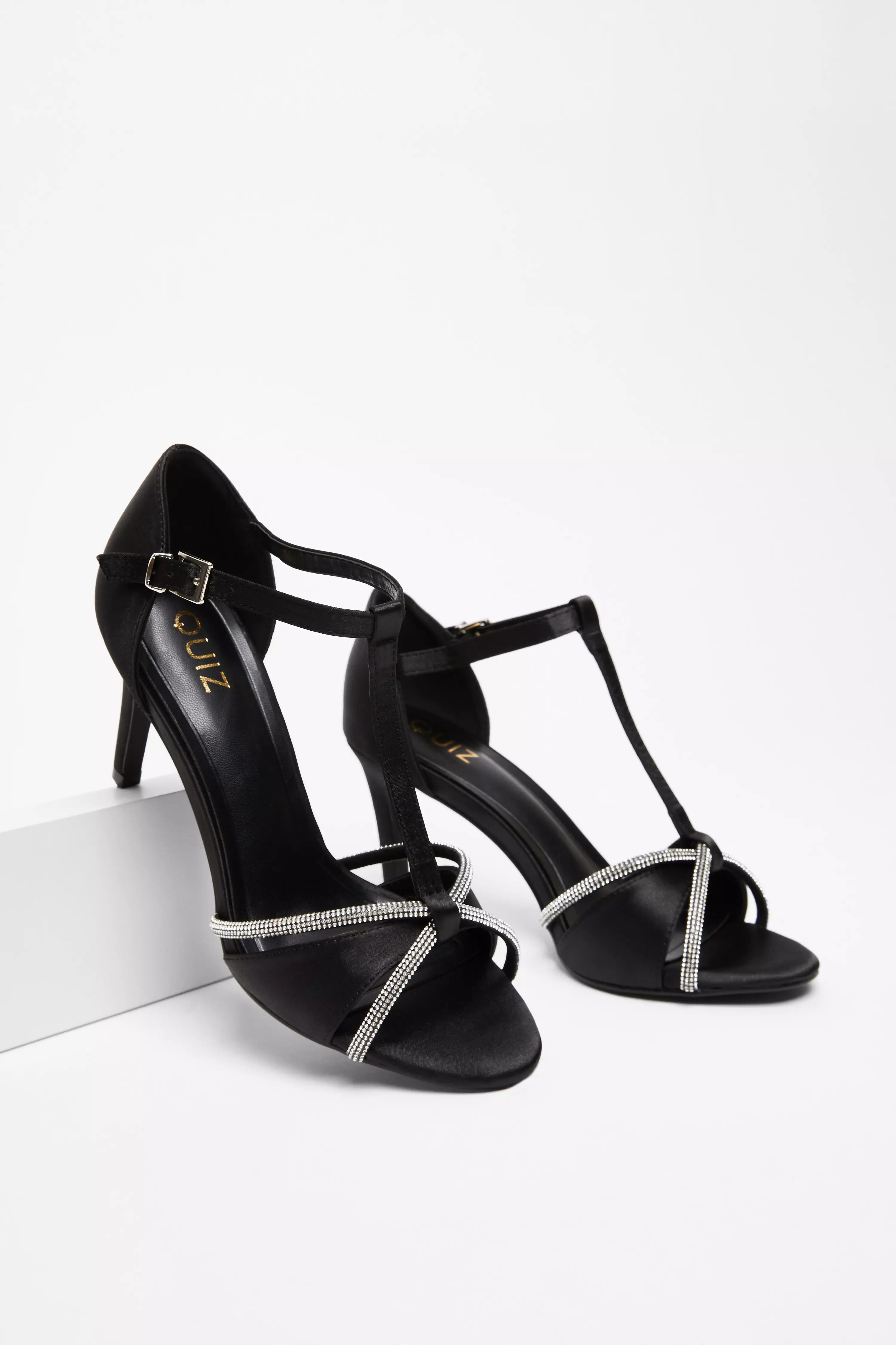 Black Satin Diamante T-Bar Heels