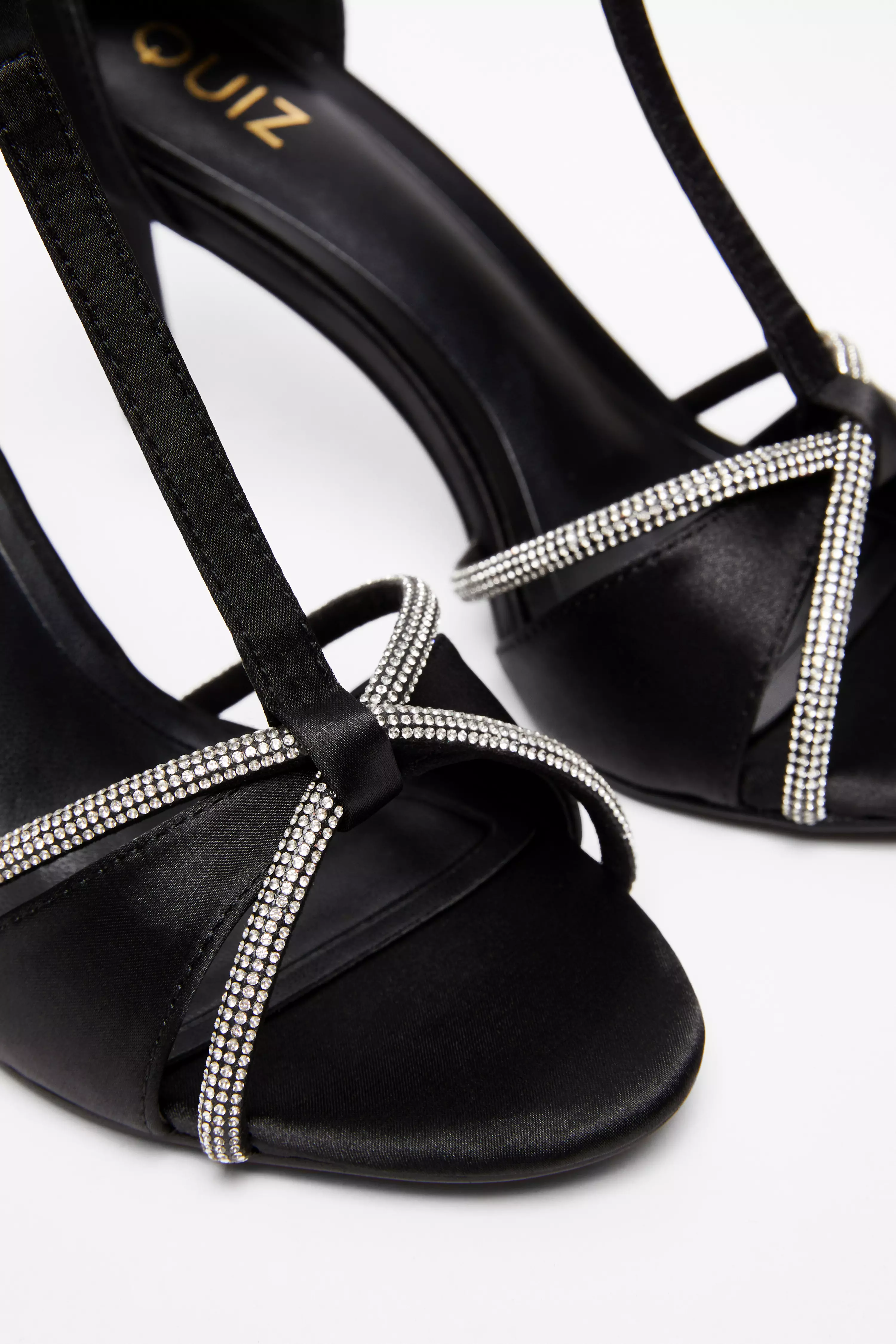 Black Satin Diamante T-Bar Heels