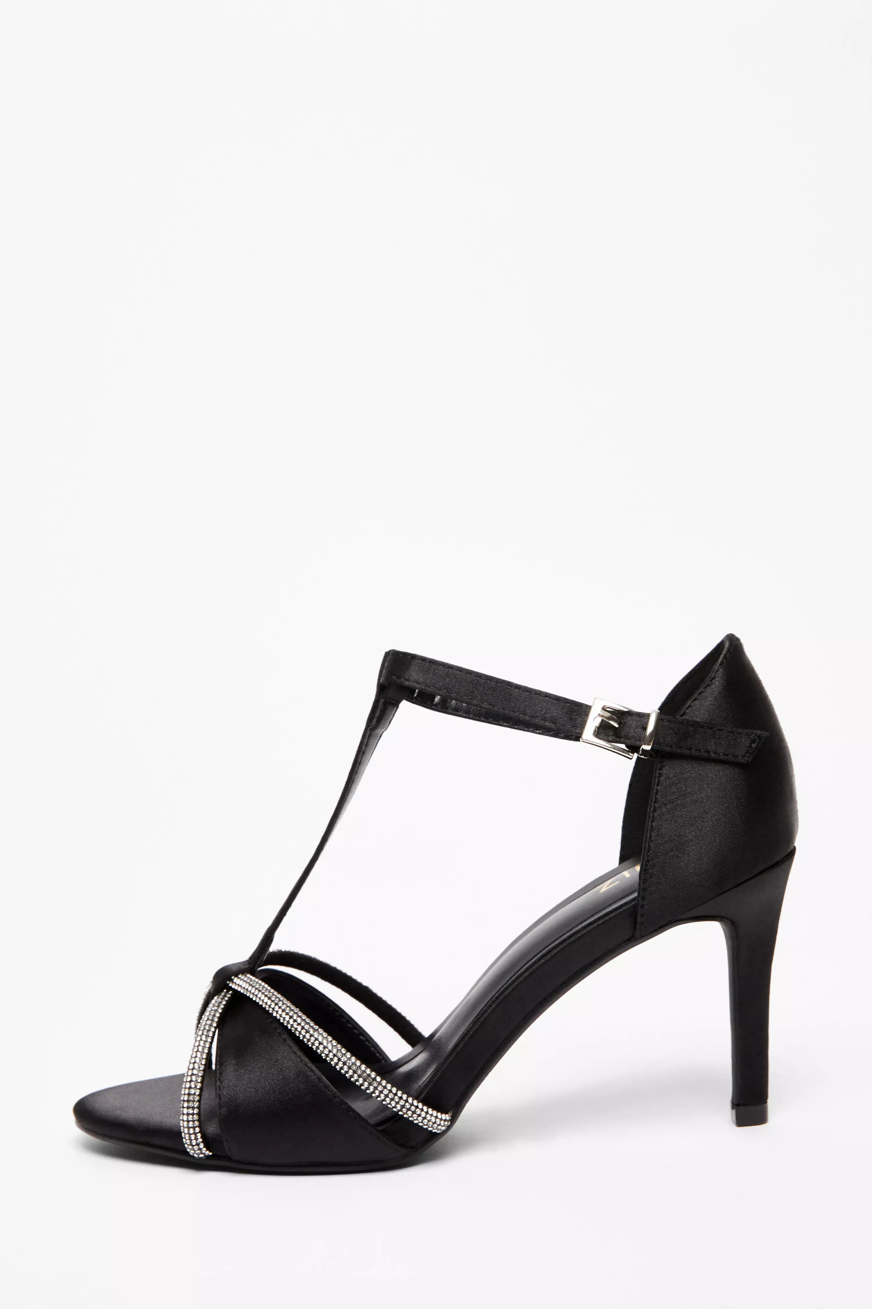 Black Satin Diamante T-Bar Heels