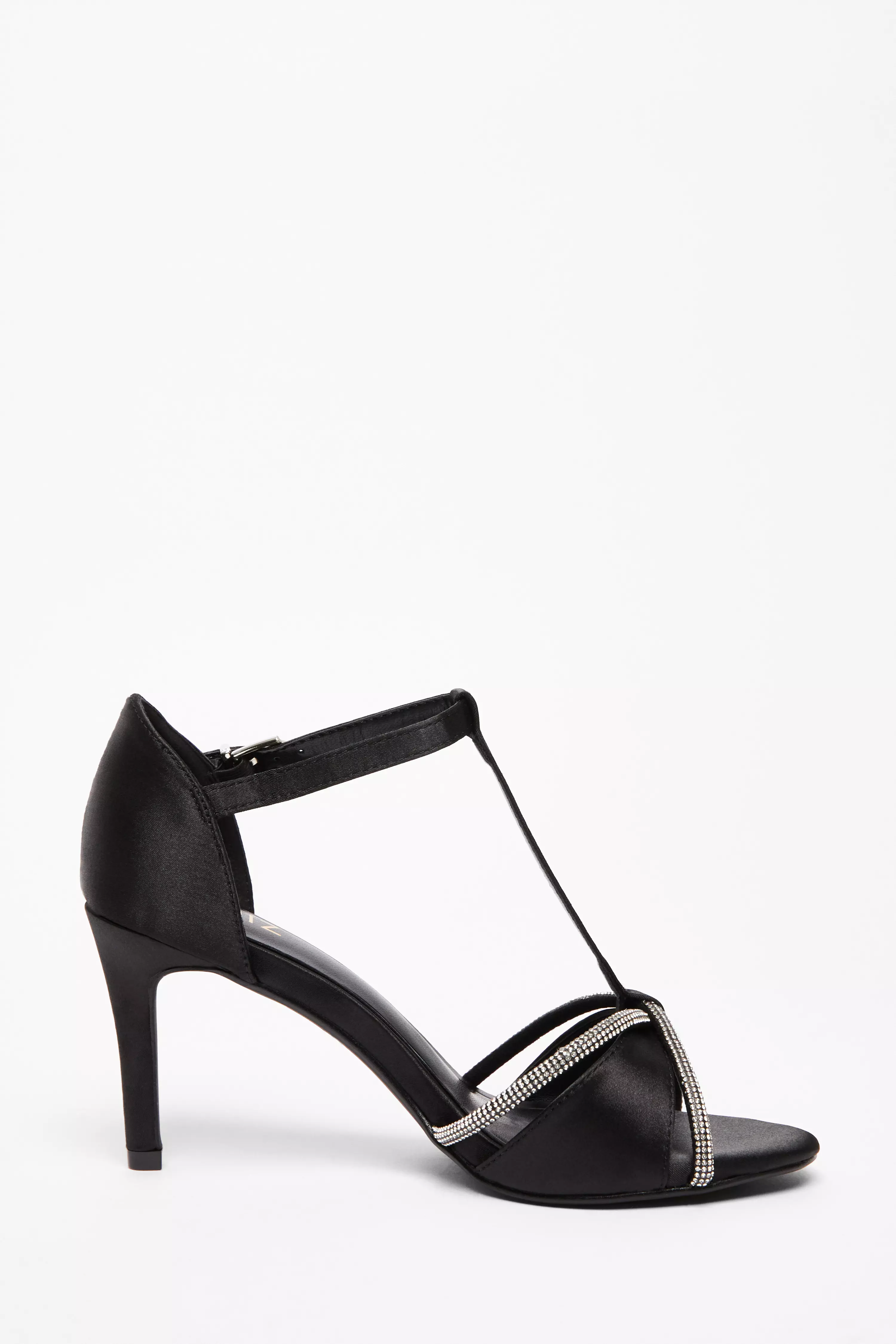 Black Satin Diamante T-Bar Heels