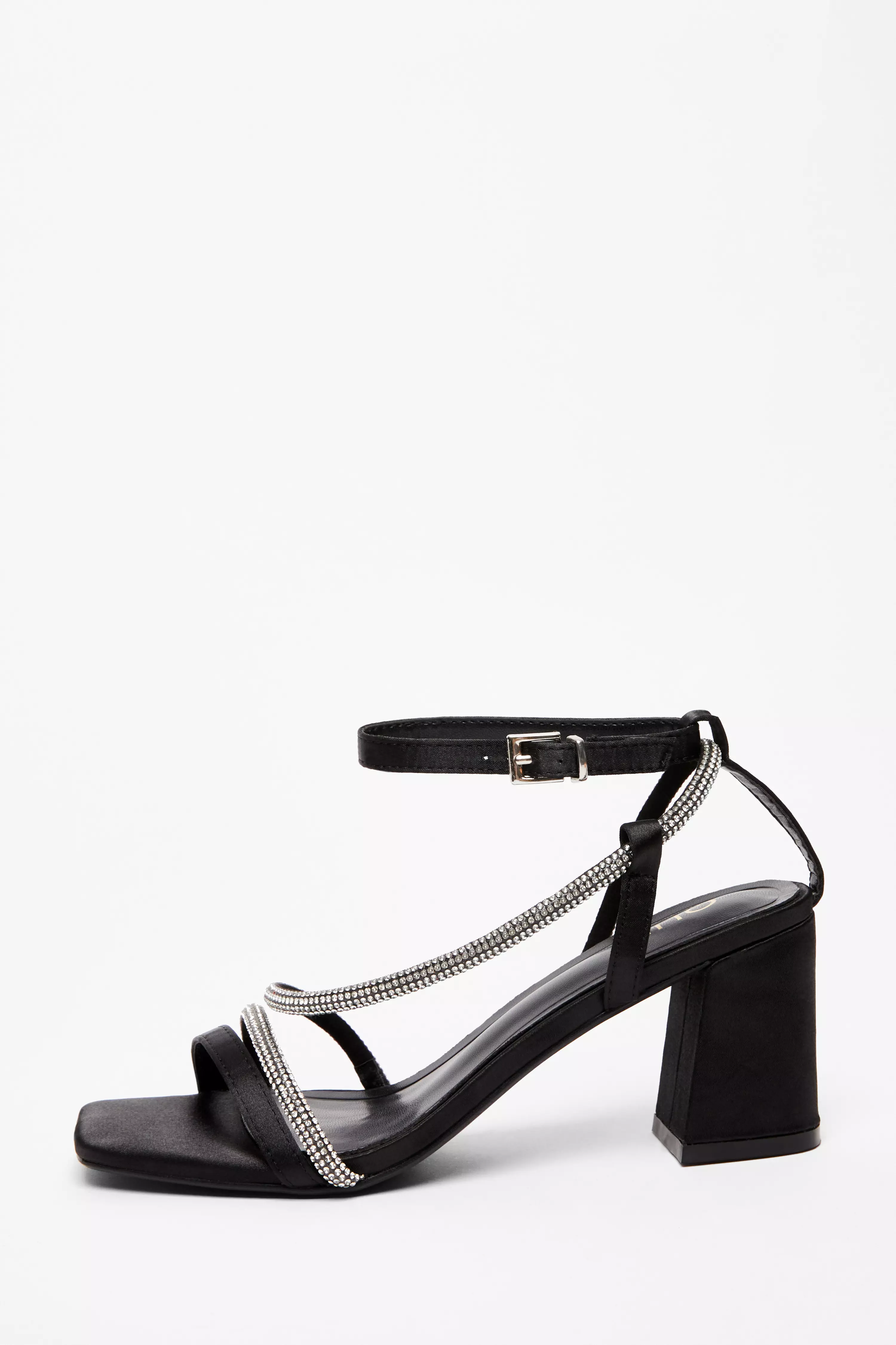 Black Satin Diamante Heeled Sandal