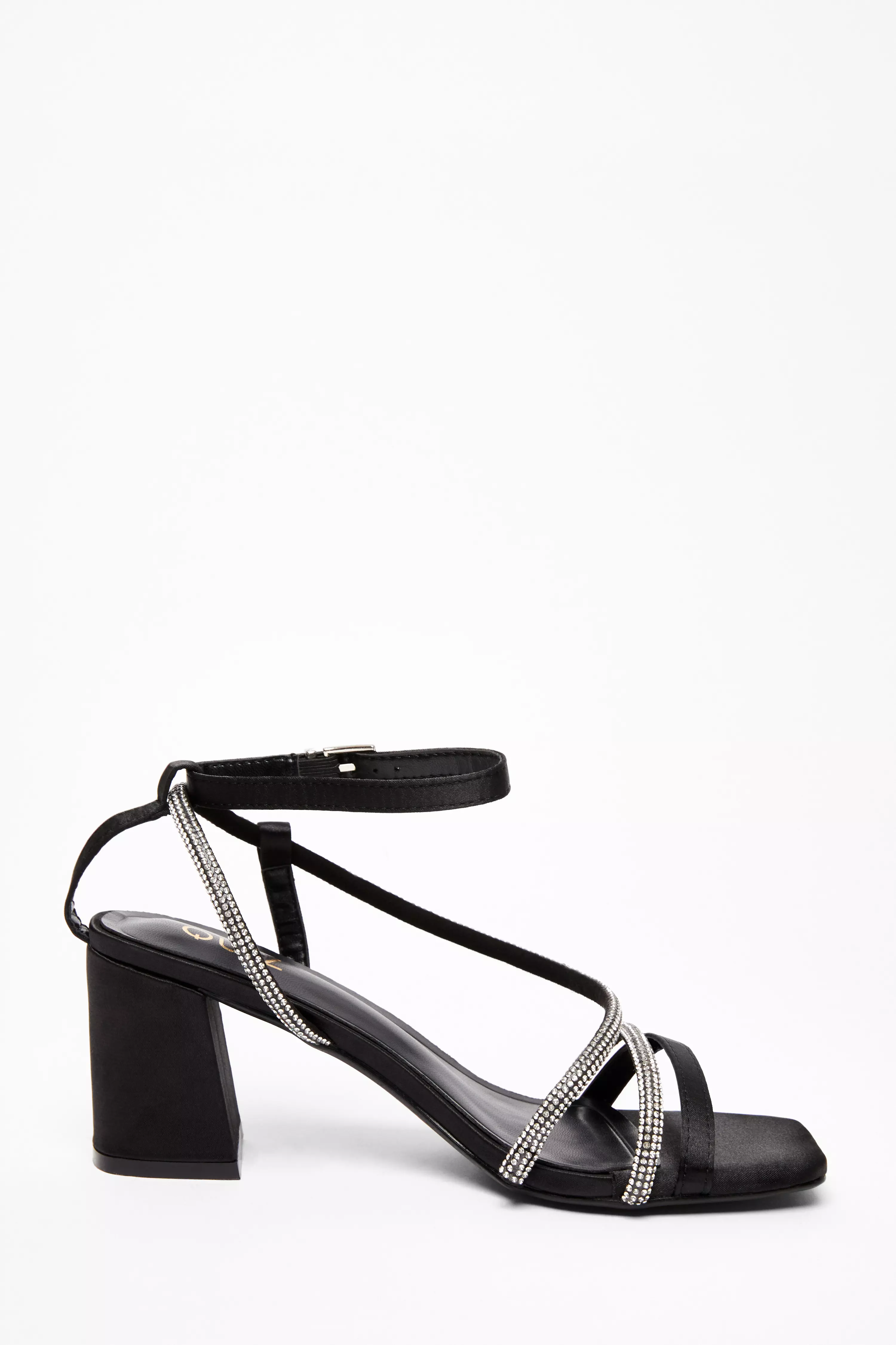 Black Satin Diamante Heeled Sandal