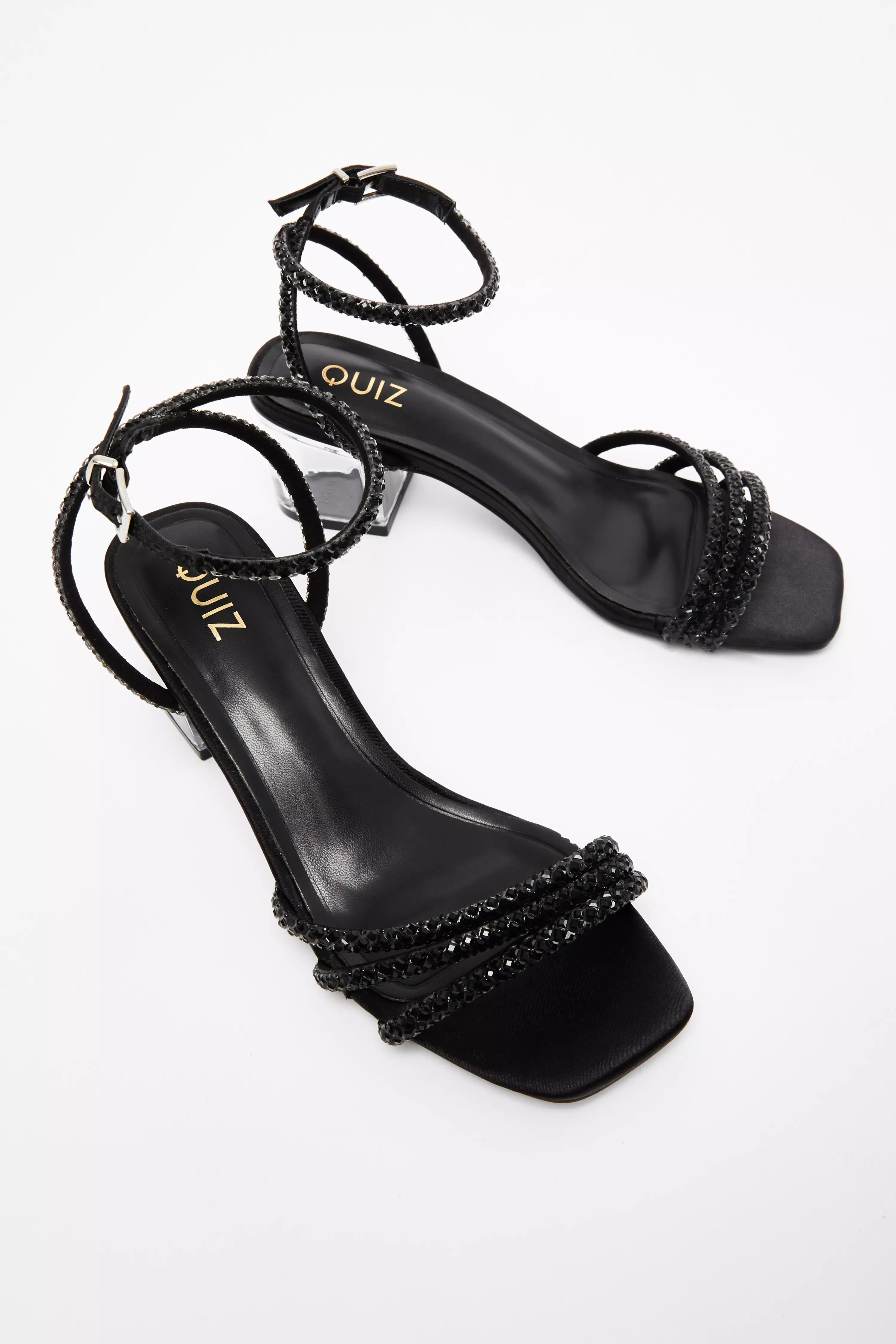 Black Diamante Strap Low Heel Sandals