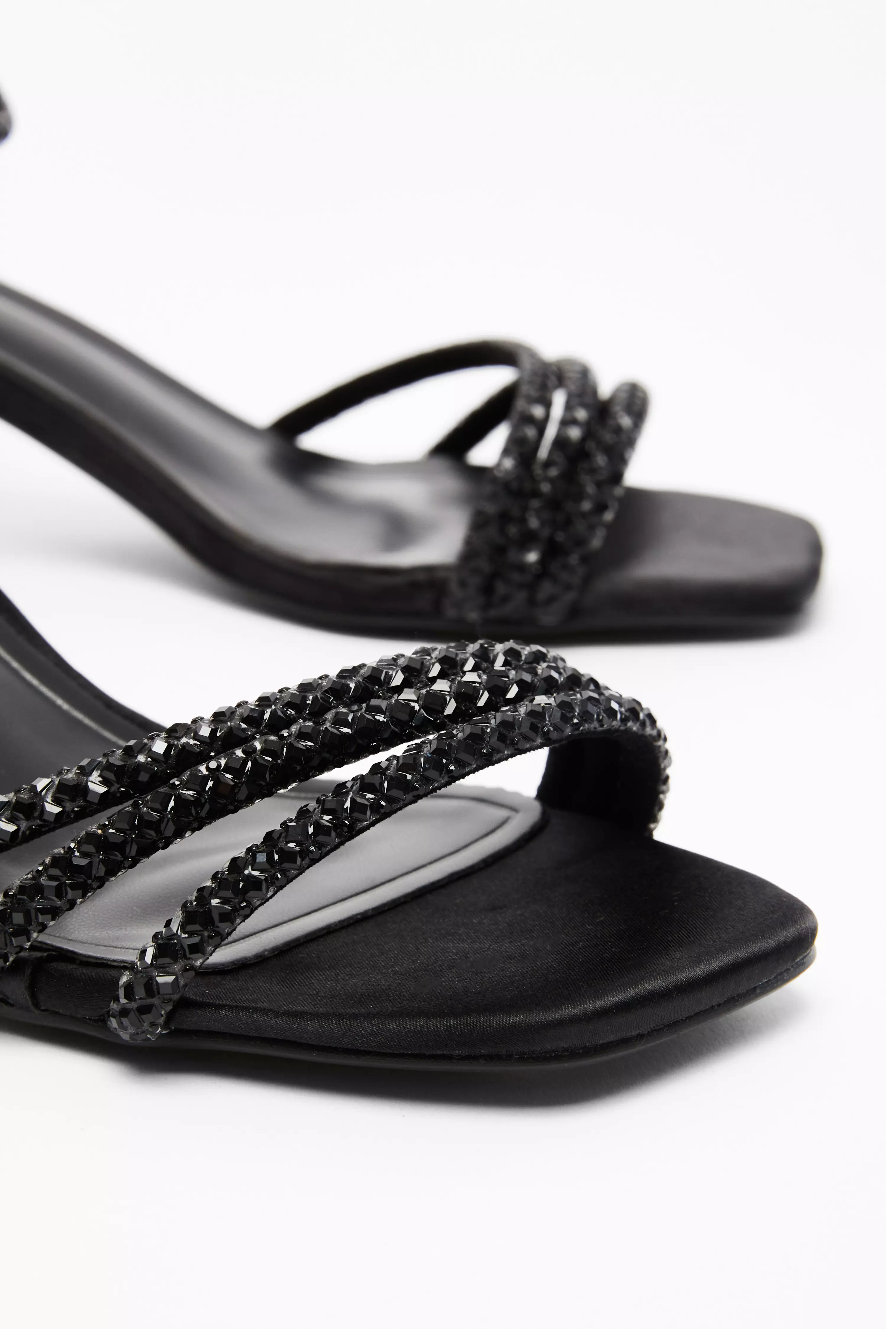 Black Diamante Strap Low Heel Sandals