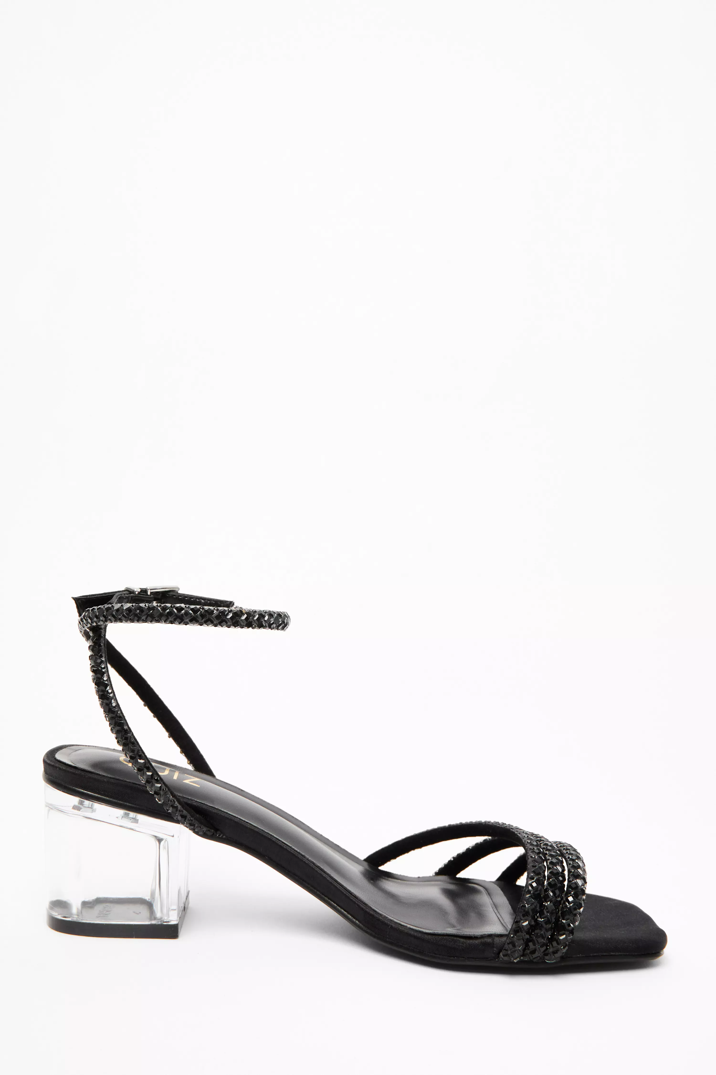 Black Diamante Strap Low Heel Sandals